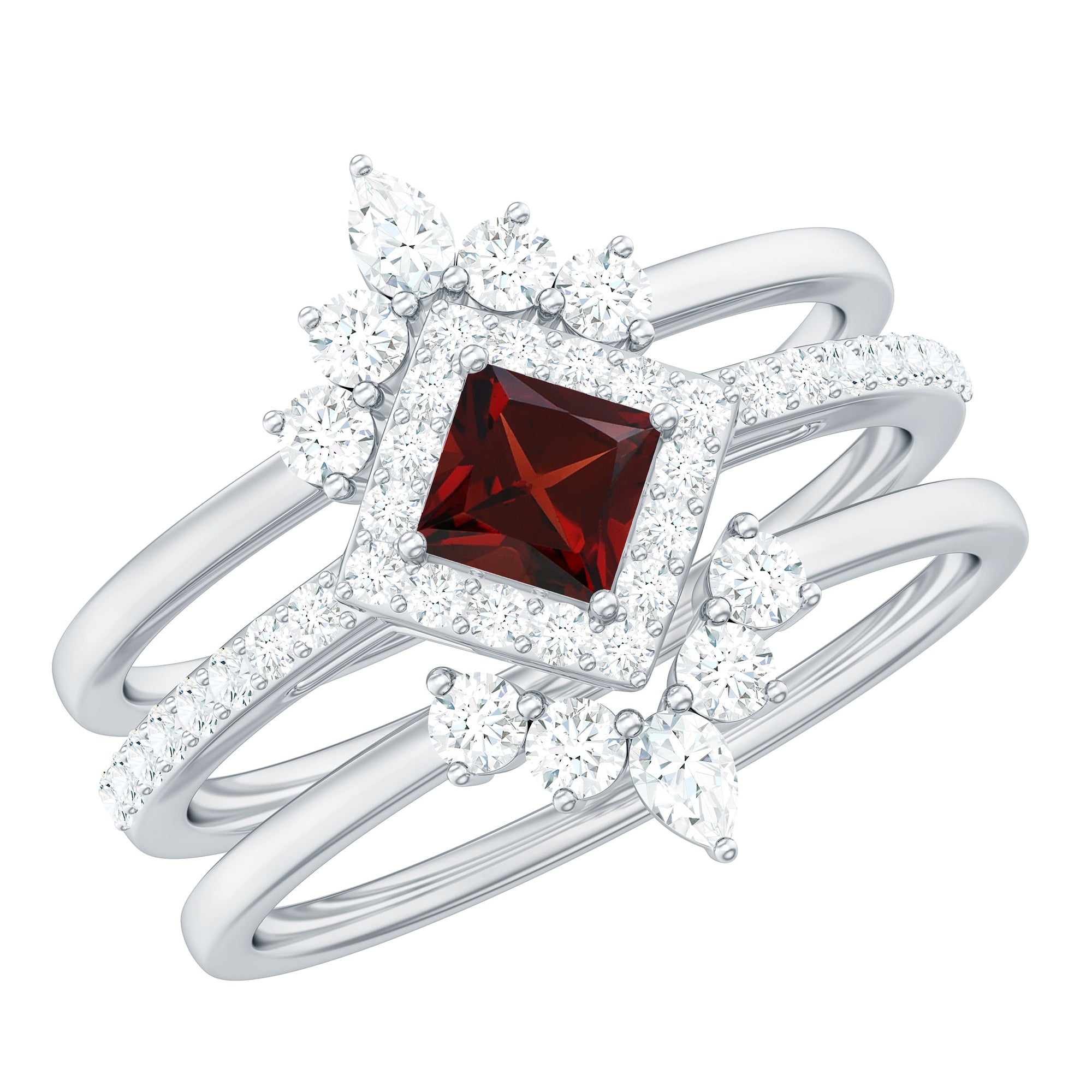 Rosec Jewels-Natural Garnet Diamond 3 Piece Bridal Ring Set