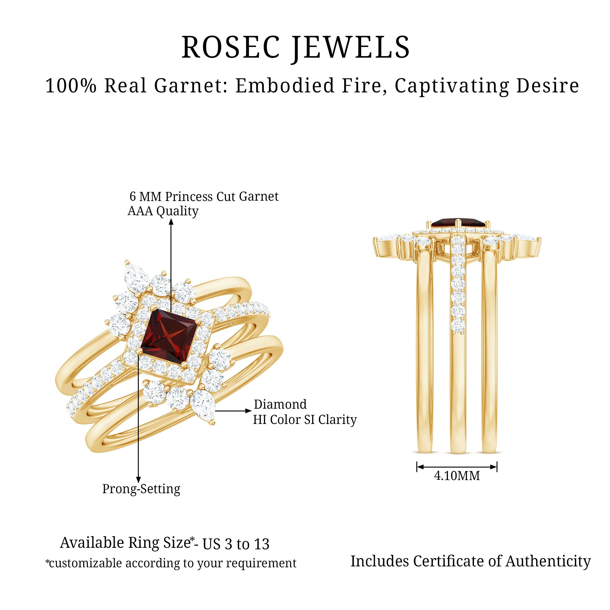 Rosec Jewels-Natural Garnet Diamond 3 Piece Bridal Ring Set