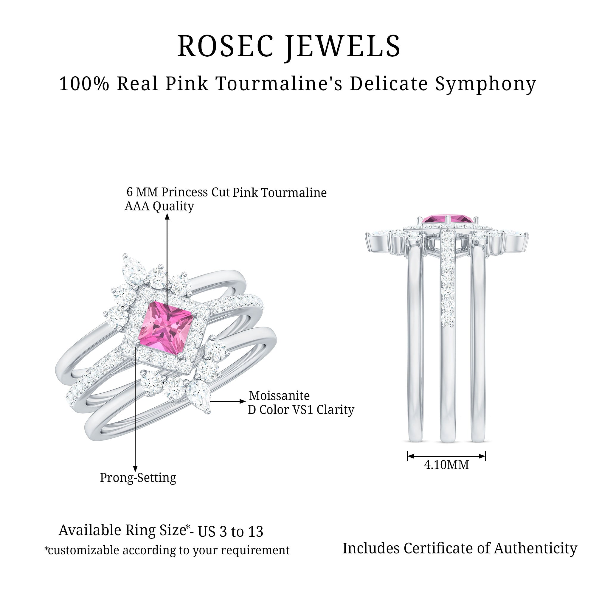 Rosec Jewels-Real Pink tourmaline and Moissanite Trio Wedding Ring Set