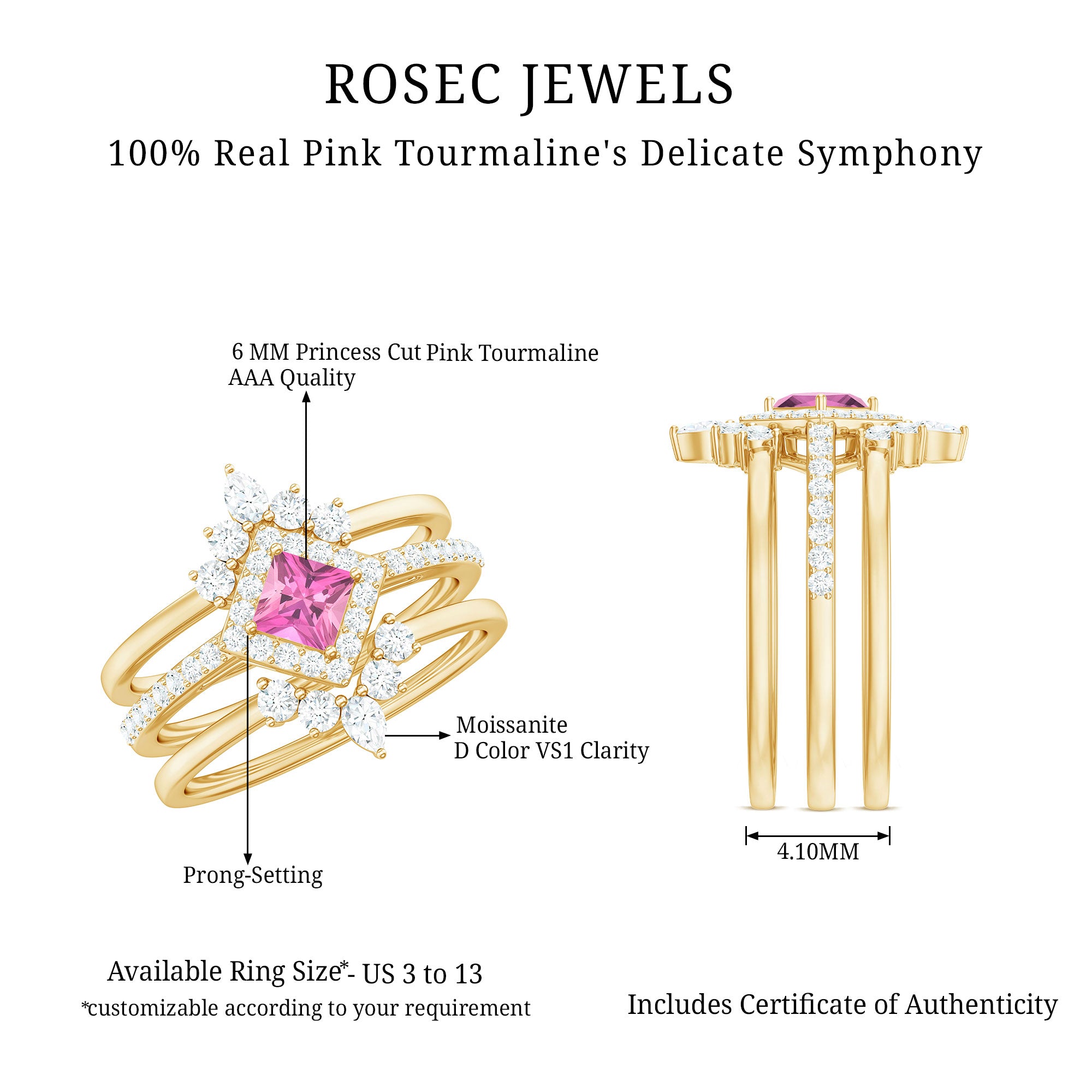 Rosec Jewels-Real Pink tourmaline and Moissanite Trio Wedding Ring Set