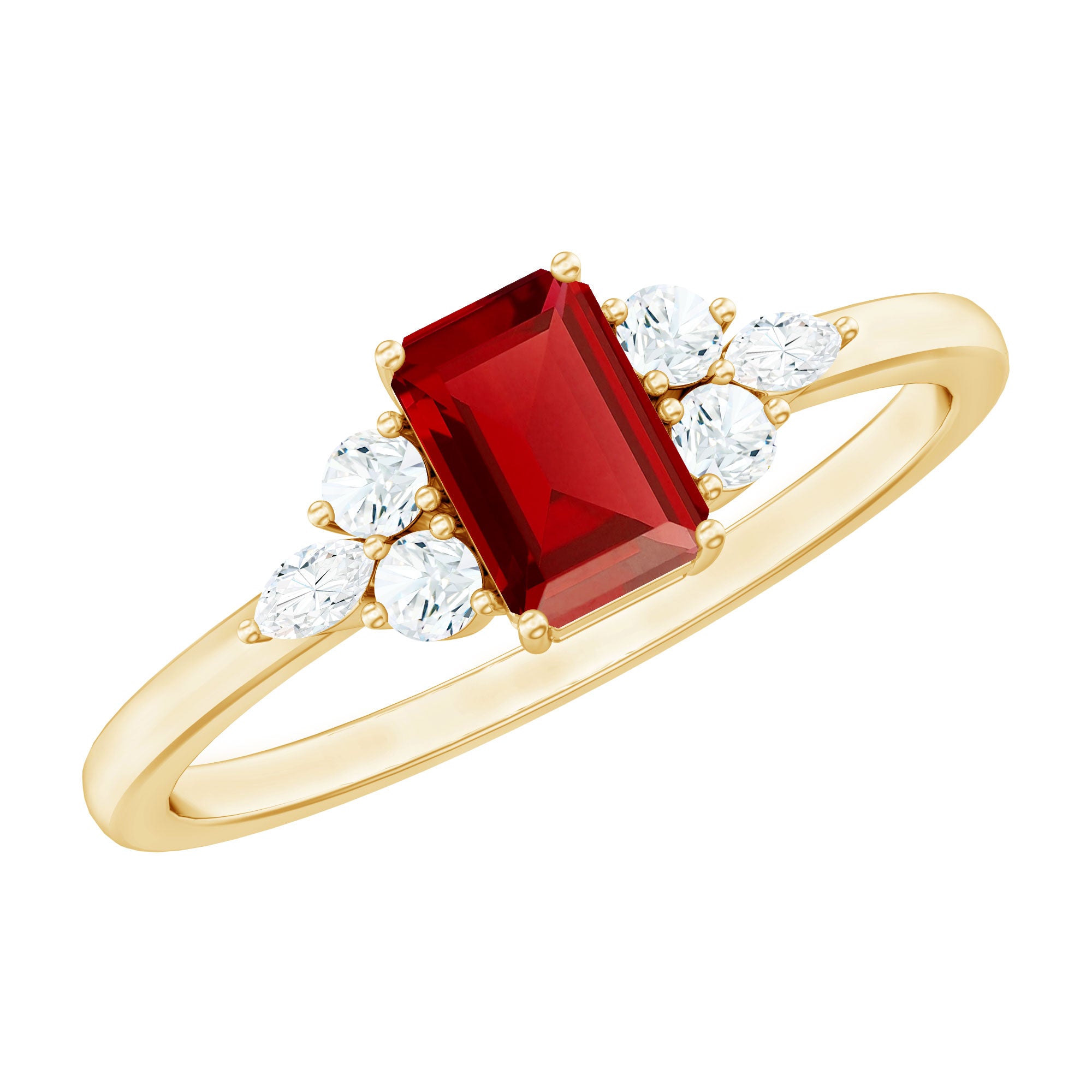 Emerald Cut Lab Created Ruby and Diamond Promise Ring in Silver