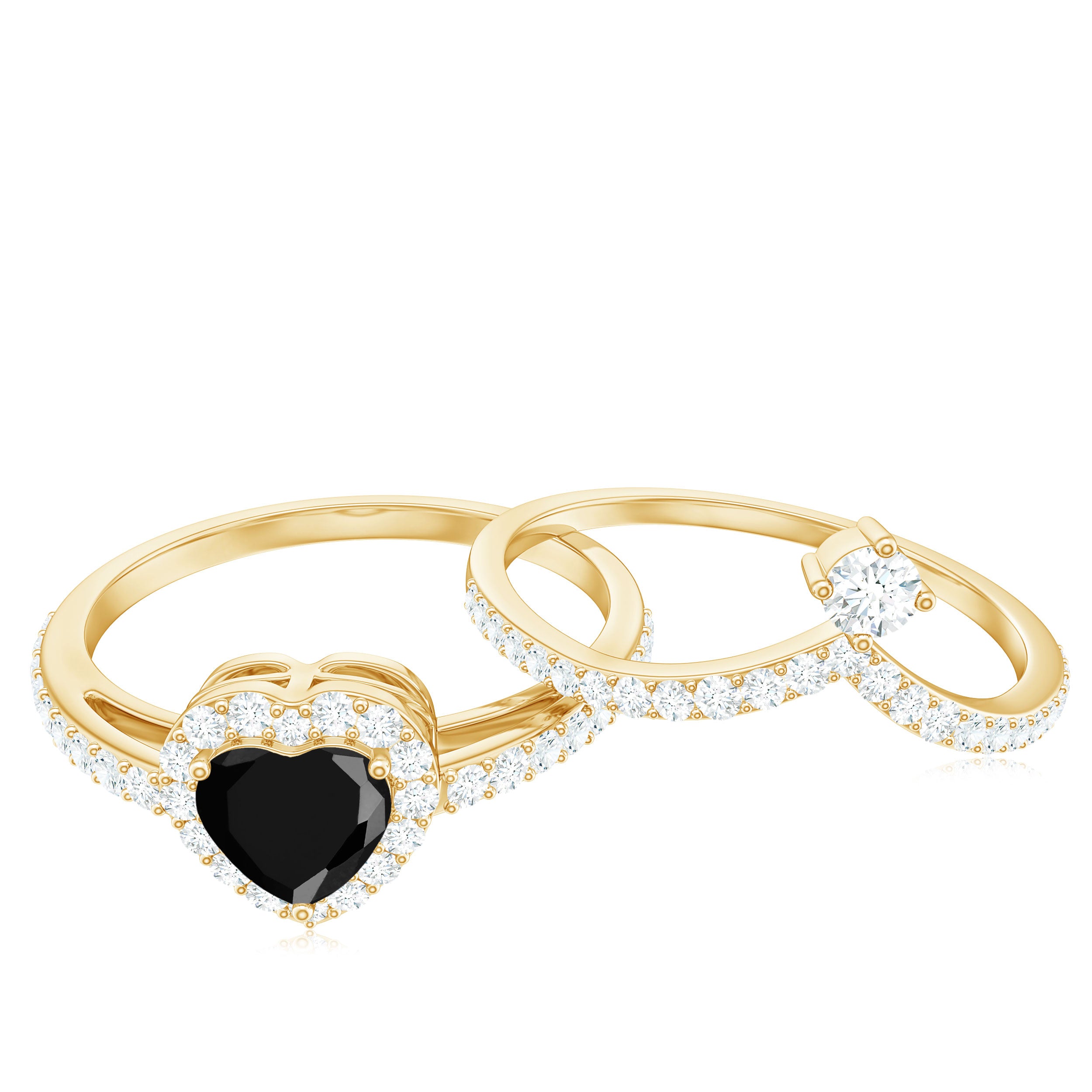 Created Black Diamond Heart Engagement Ring Set with Diamond AAAA ( Synthetic ) - Rosec Jewels