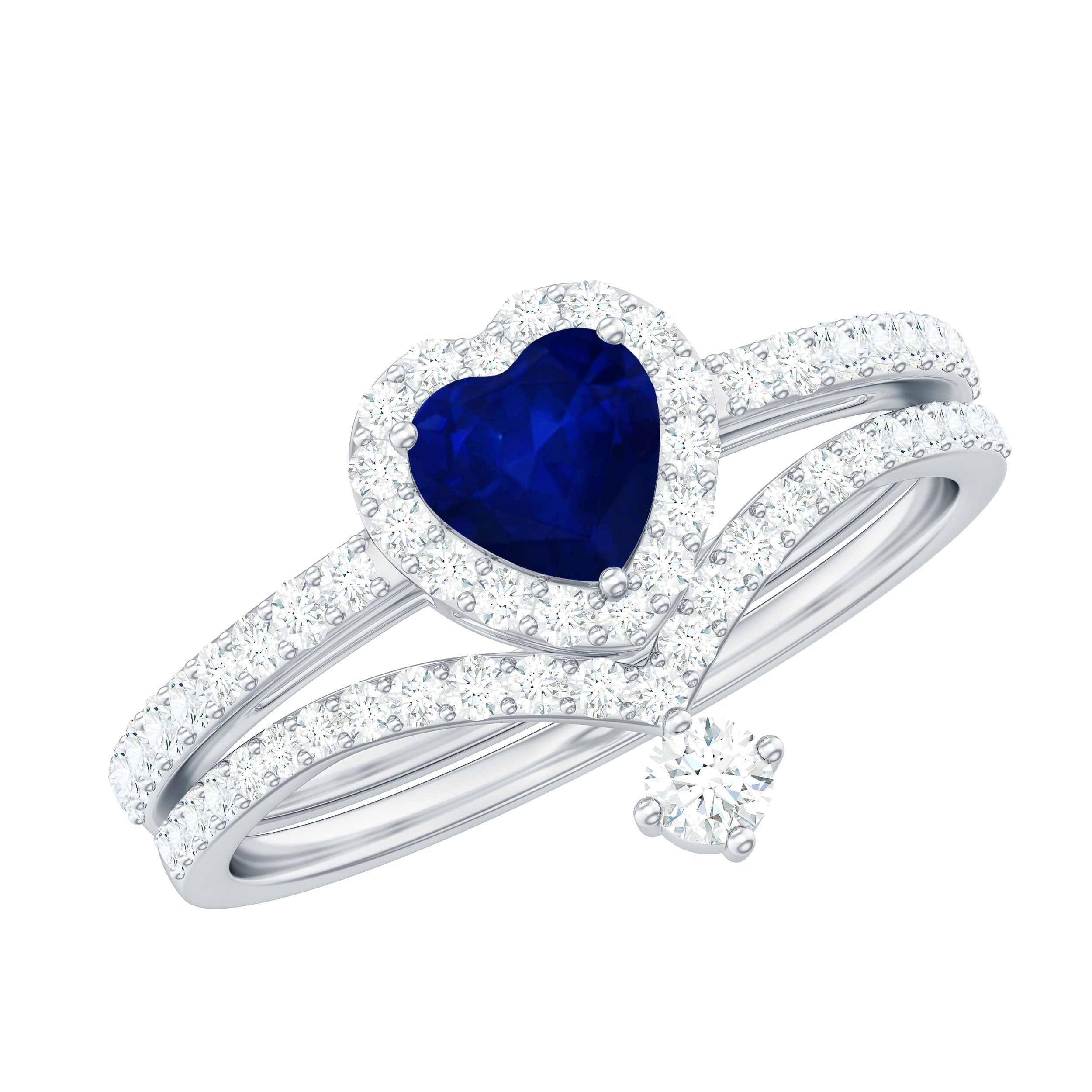 Rosec Jewels-Real Heart Shape Blue Sapphire and Diamond Halo Wedding Ring Set