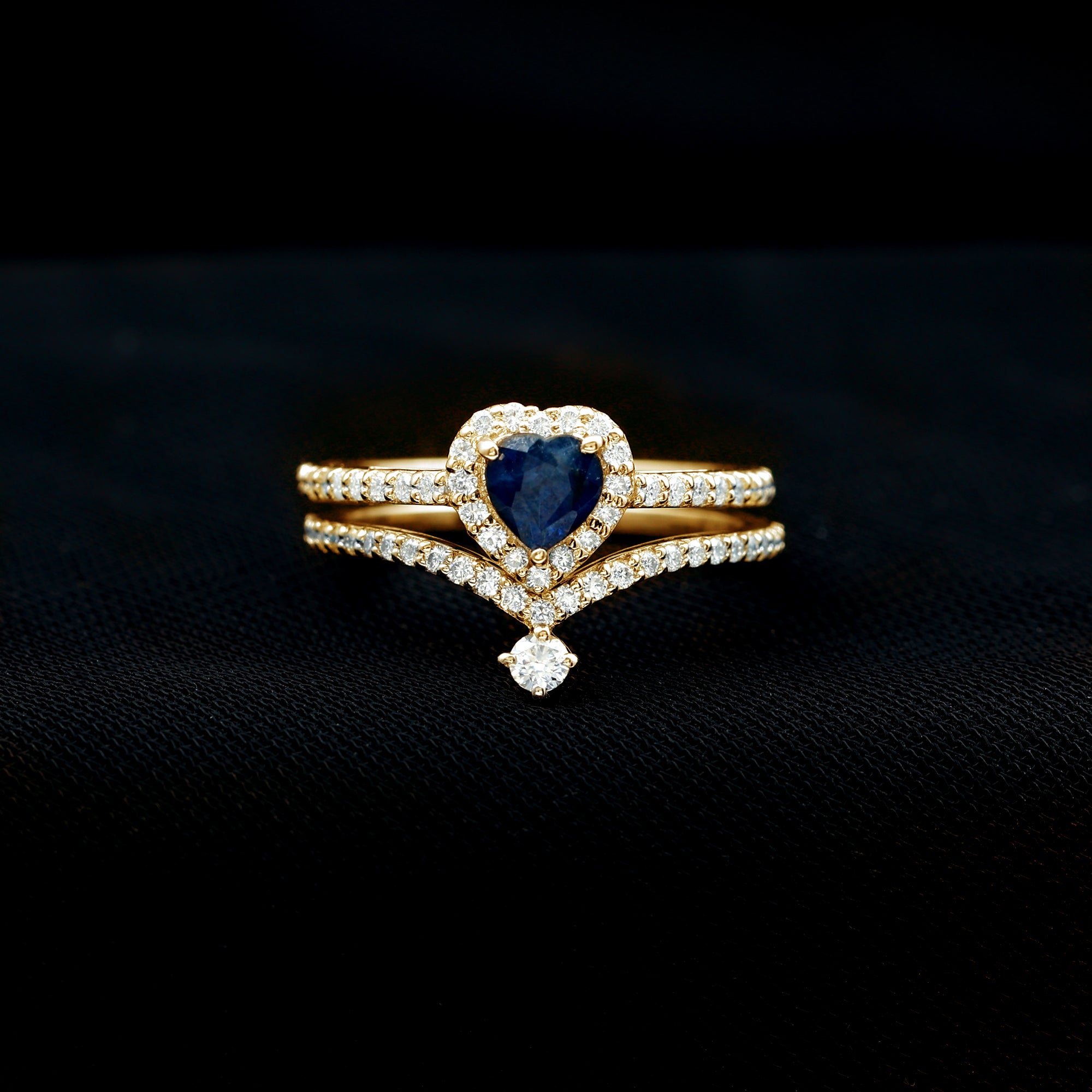 Rosec Jewels-Real Heart Shape Blue Sapphire and Diamond Halo Wedding Ring Set