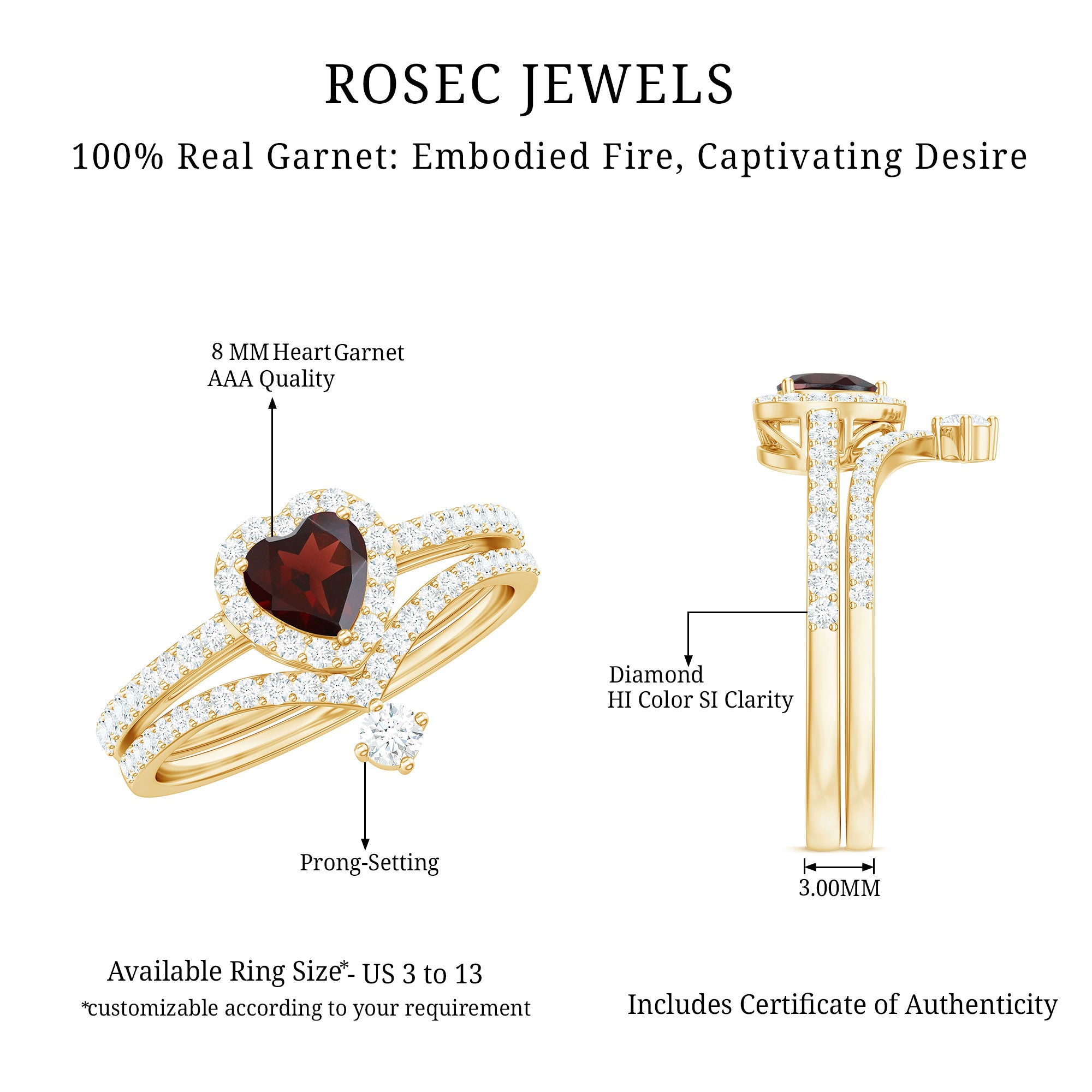 Rosec Jewels-Natural Garnet Diamond Heart Engagement Ring Wedding Band Set