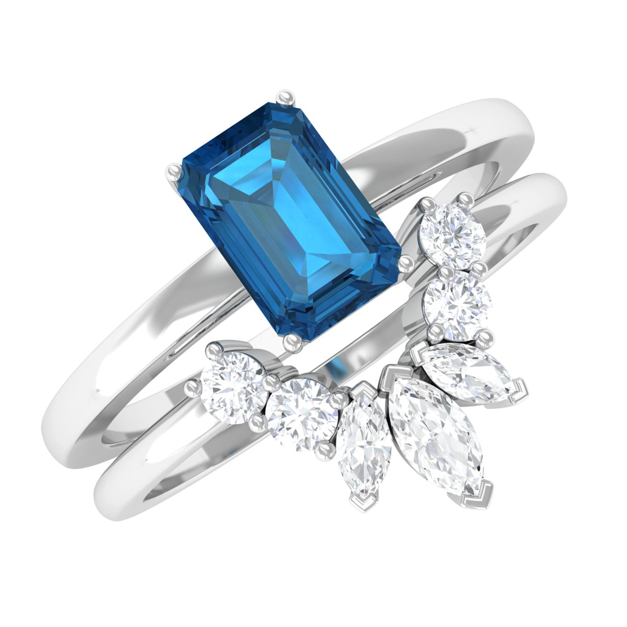 4X6mm Emerald Cut London Blue Topaz Solitaire Ring Set with Diamond AAA - Rosec Jewels