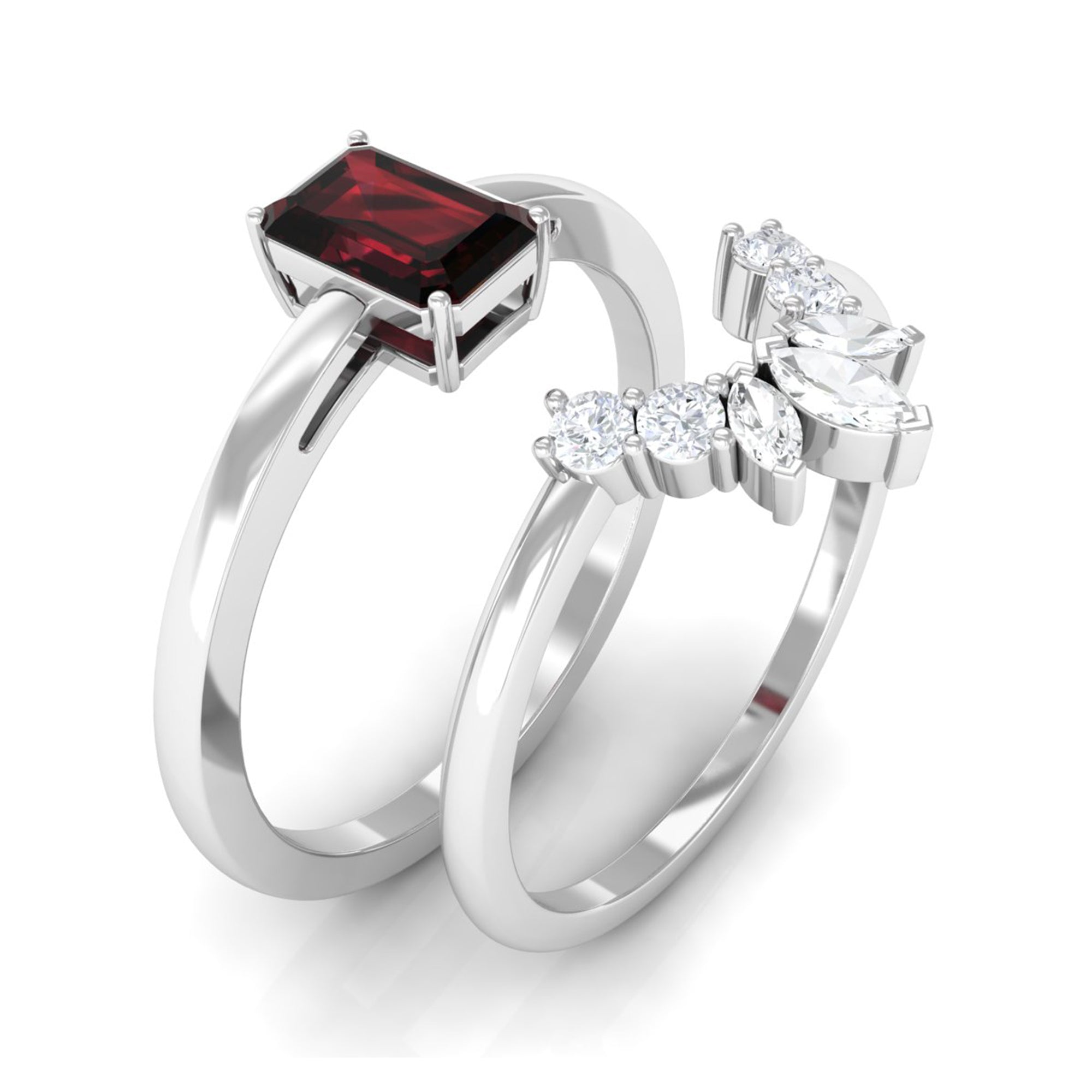 Rosec Jewels-Genuine Garnet Diamond Emerald Cut Engagement Ring with Wedding Band
