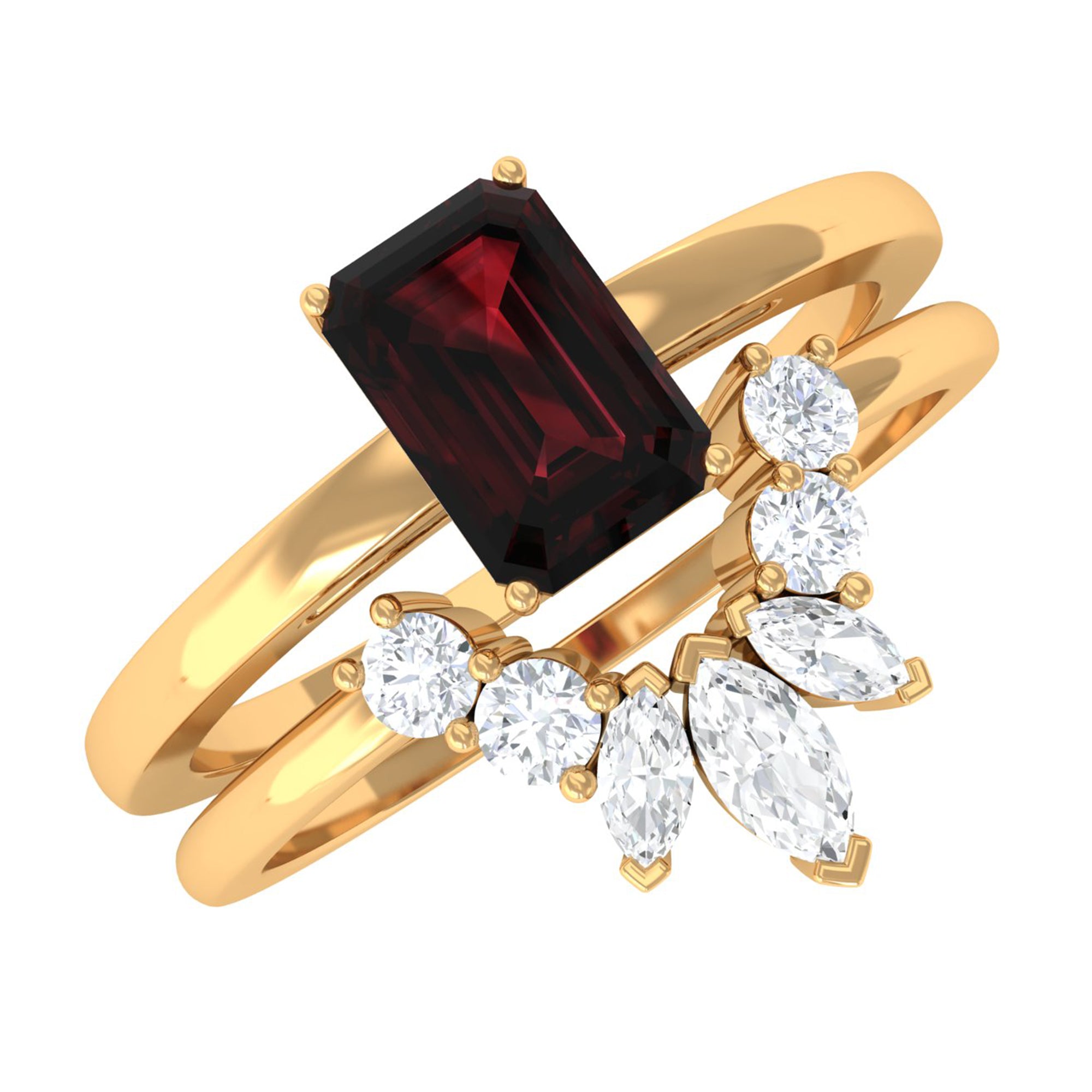 Rosec Jewels-Genuine Garnet Diamond Emerald Cut Engagement Ring with Wedding Band