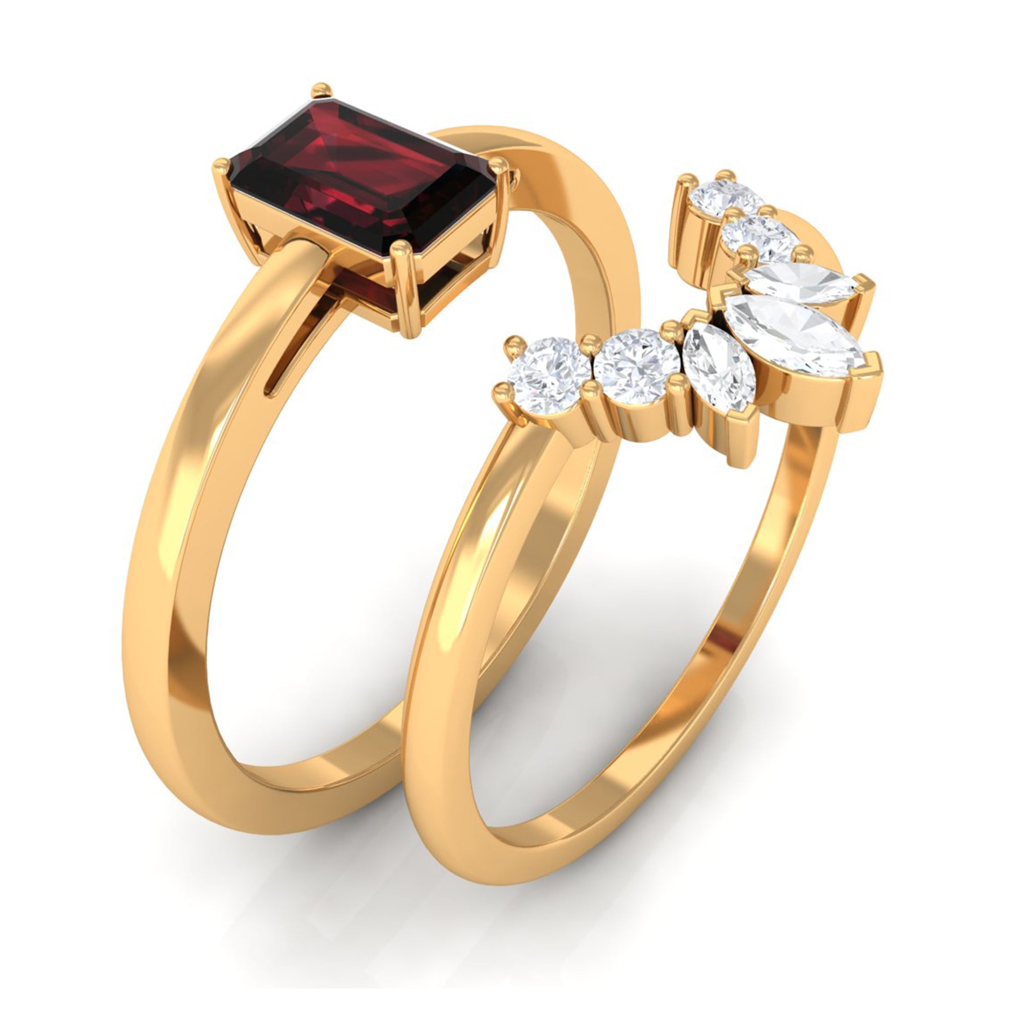 Rosec Jewels-Genuine Garnet Diamond Emerald Cut Engagement Ring with Wedding Band