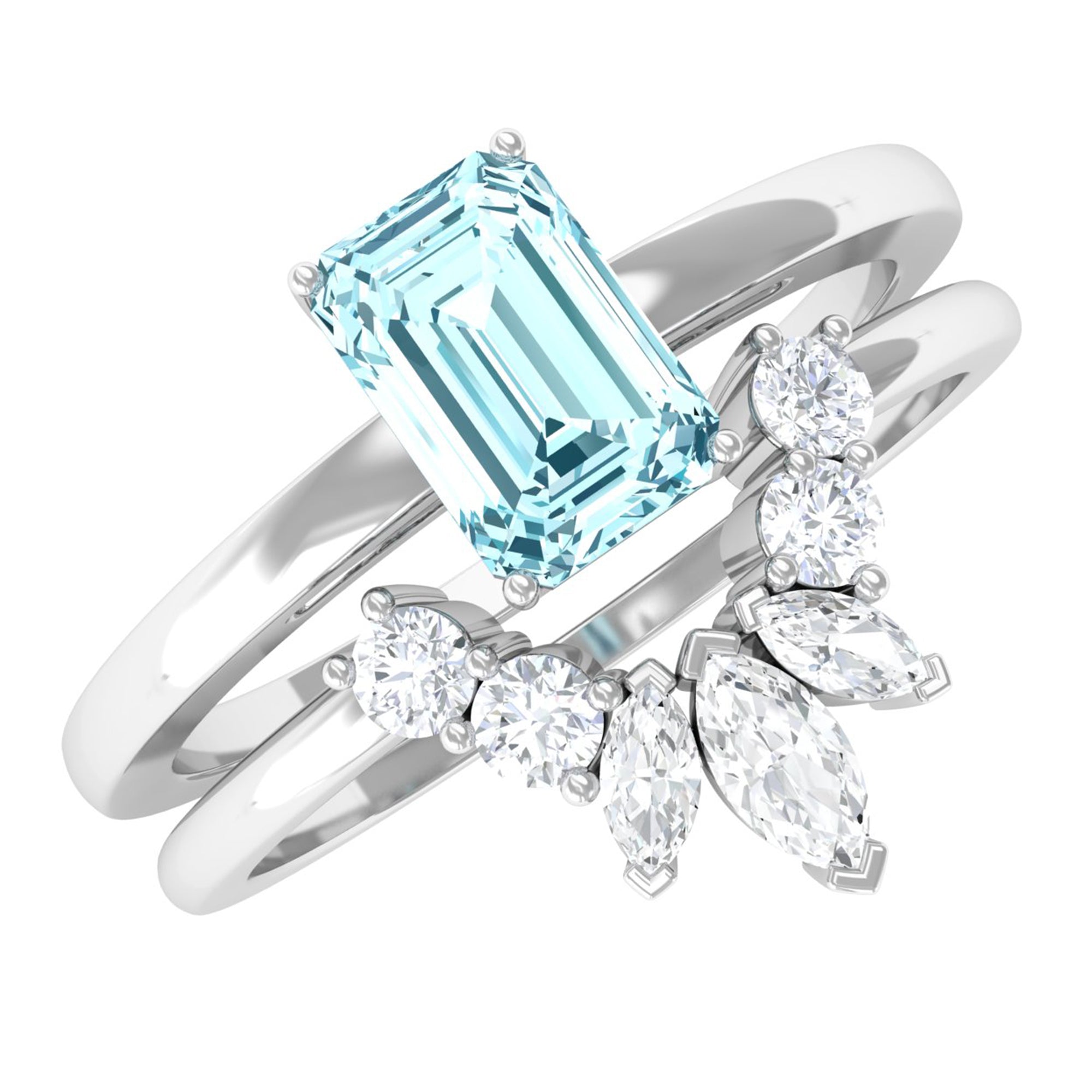 Rosec Jewels-Natural Emerald Cut Aquamarine Engagement Ring with Diamond Wedding Band
