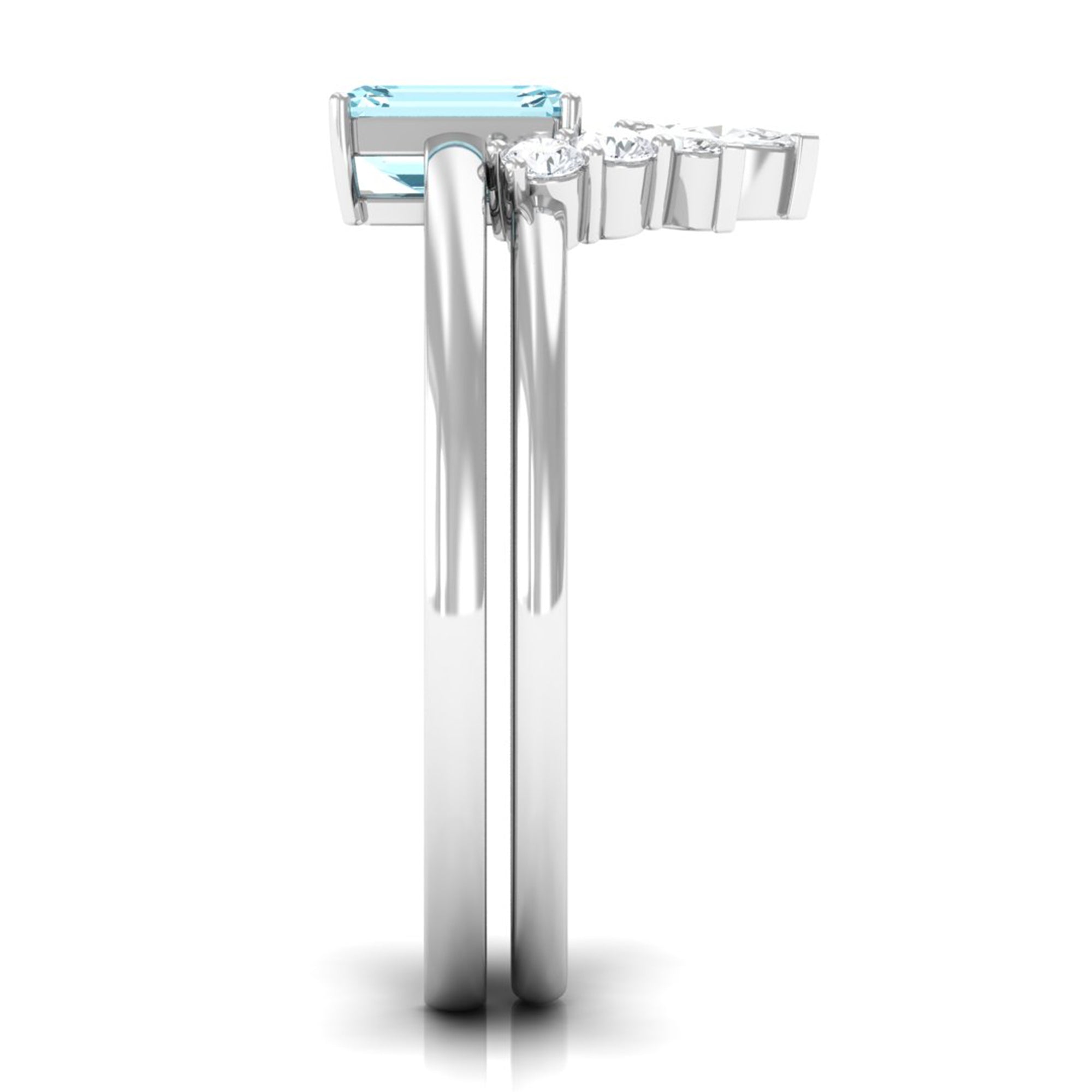 Rosec Jewels-Natural Emerald Cut Aquamarine Engagement Ring with Diamond Wedding Band