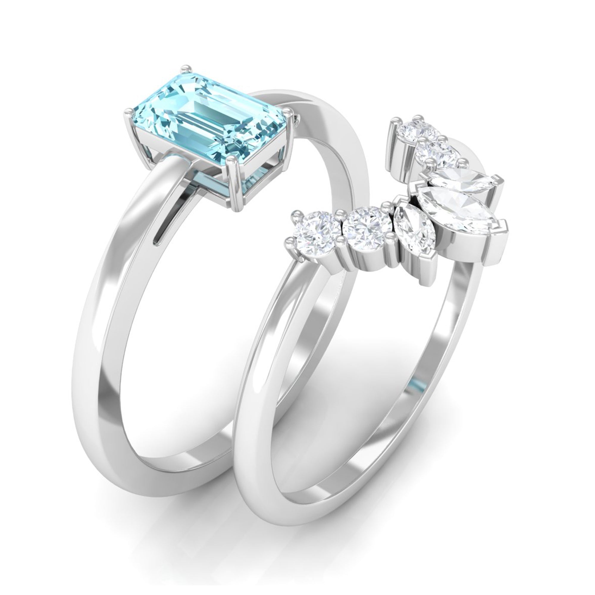 Rosec Jewels-Natural Emerald Cut Aquamarine Engagement Ring with Diamond Wedding Band