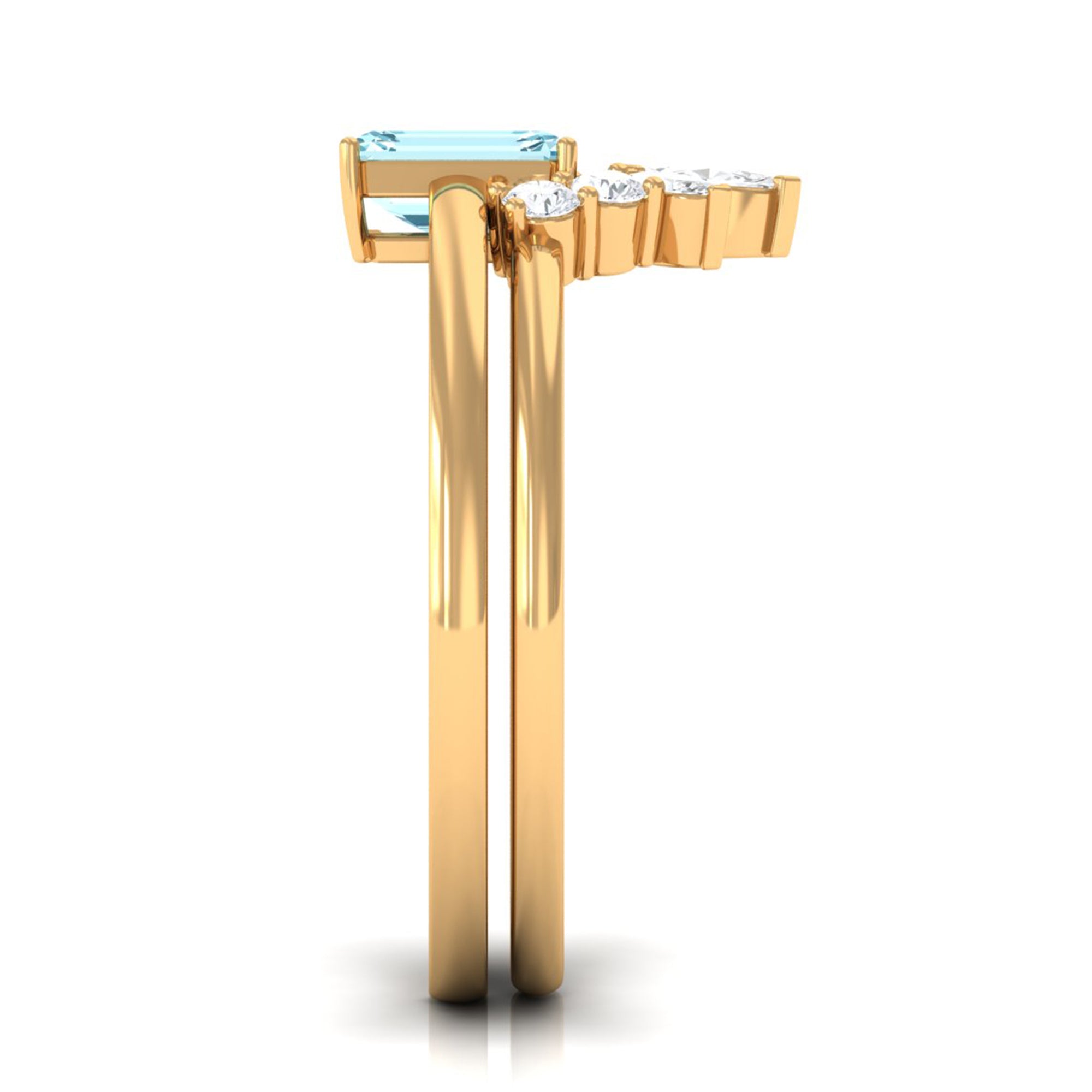 Rosec Jewels-Natural Emerald Cut Aquamarine Engagement Ring with Diamond Wedding Band