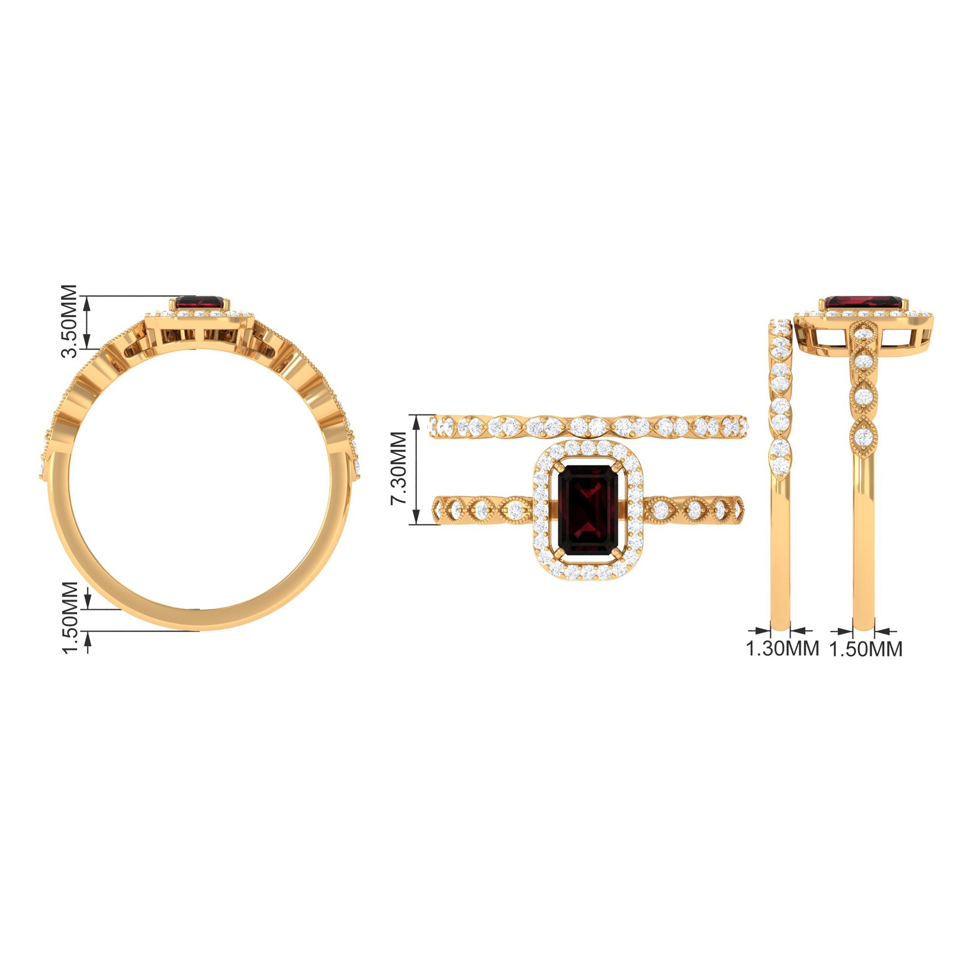 Rosec Jewels-Vintage Looking Garnet Diamond Emerald Cut Wedding Bridal Ring Set