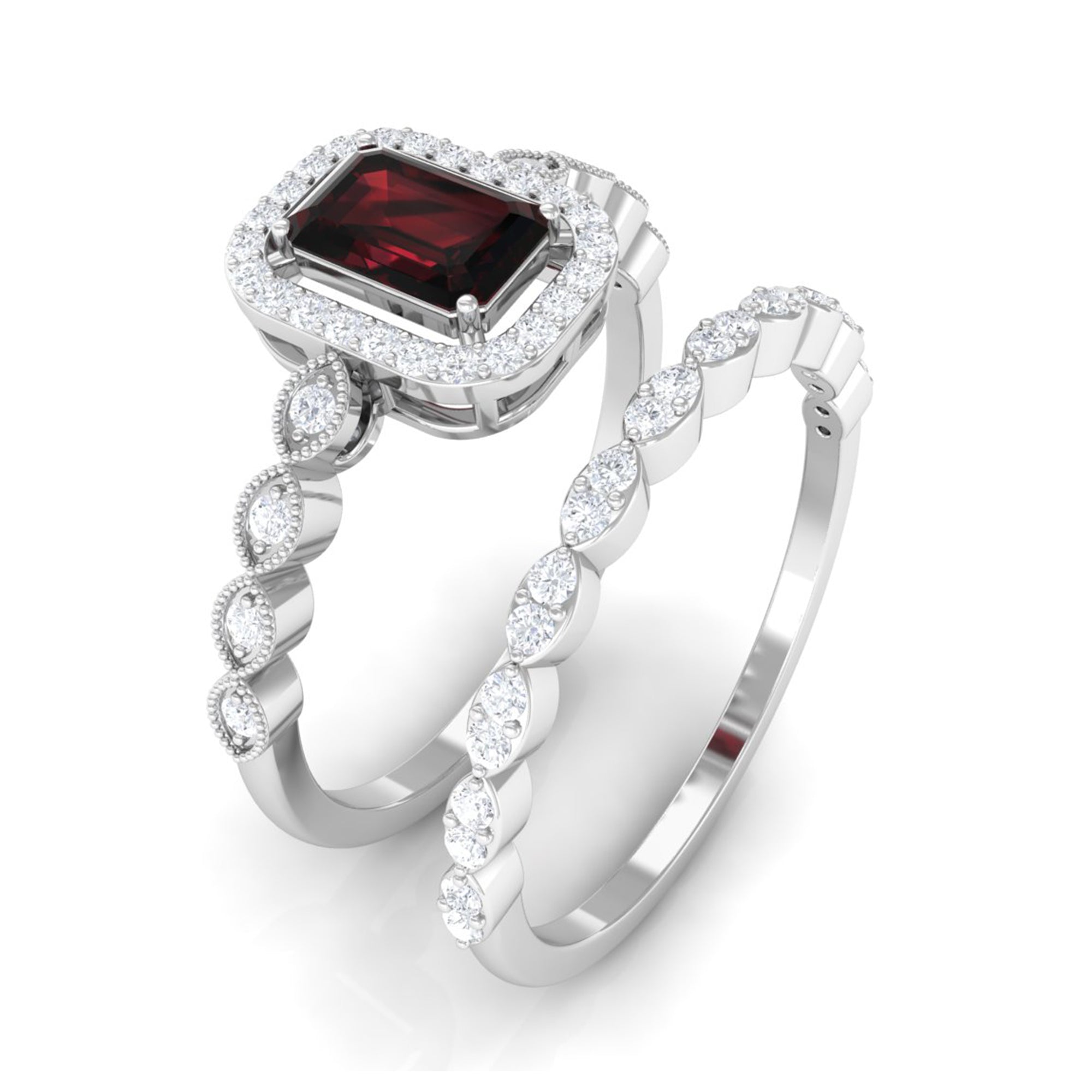 Rosec Jewels-Vintage Looking Garnet Diamond Emerald Cut Wedding Bridal Ring Set
