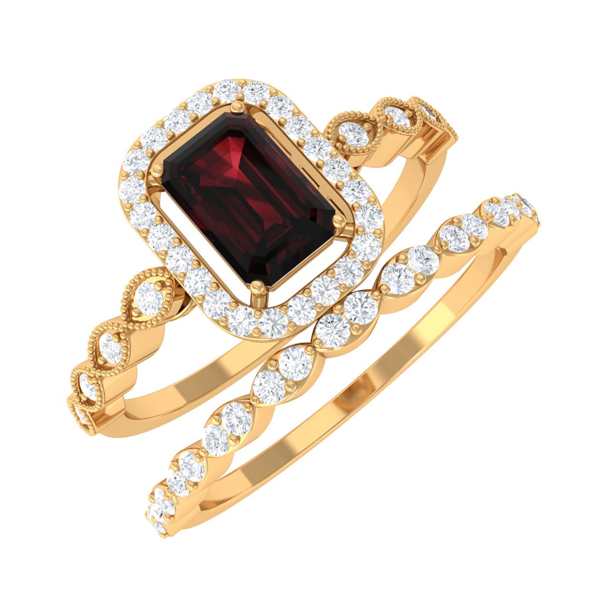Rosec Jewels-Vintage Looking Garnet Diamond Emerald Cut Wedding Bridal Ring Set