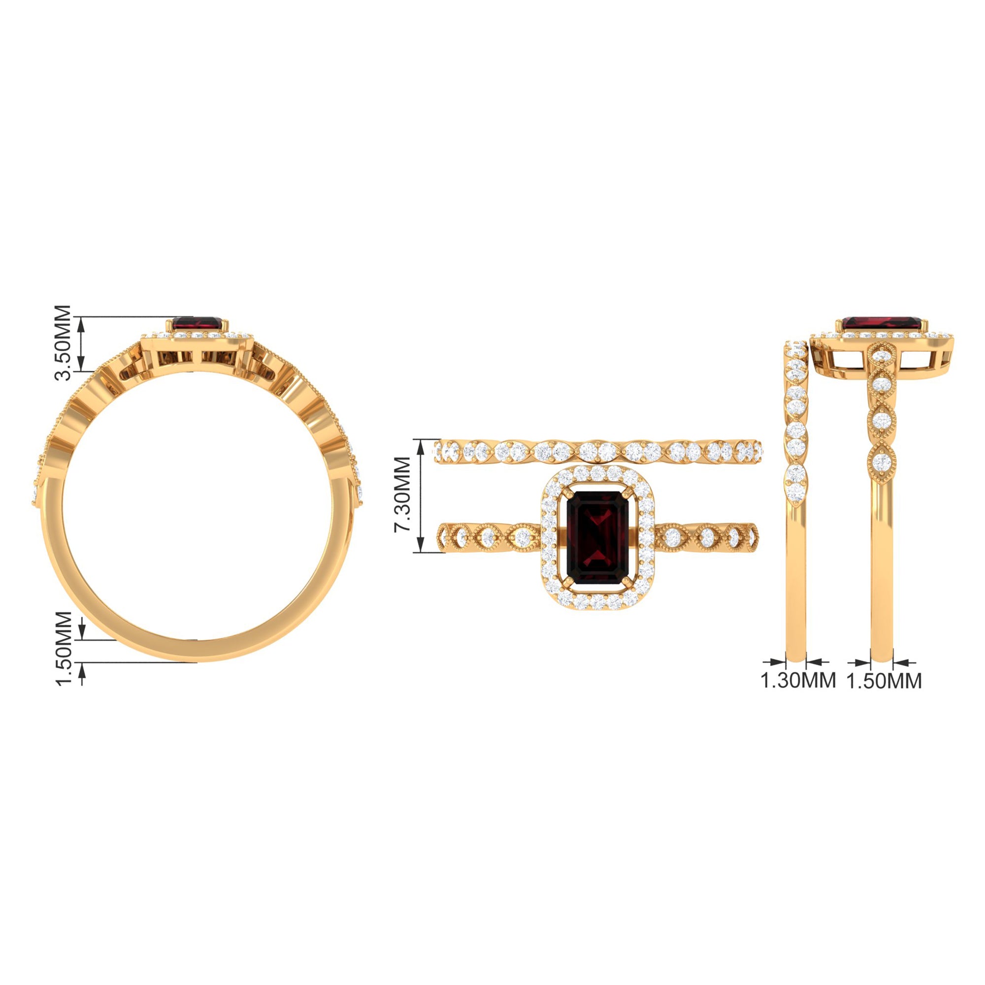 Rosec Jewels-Vintage Looking Garnet Diamond Emerald Cut Wedding Bridal Ring Set
