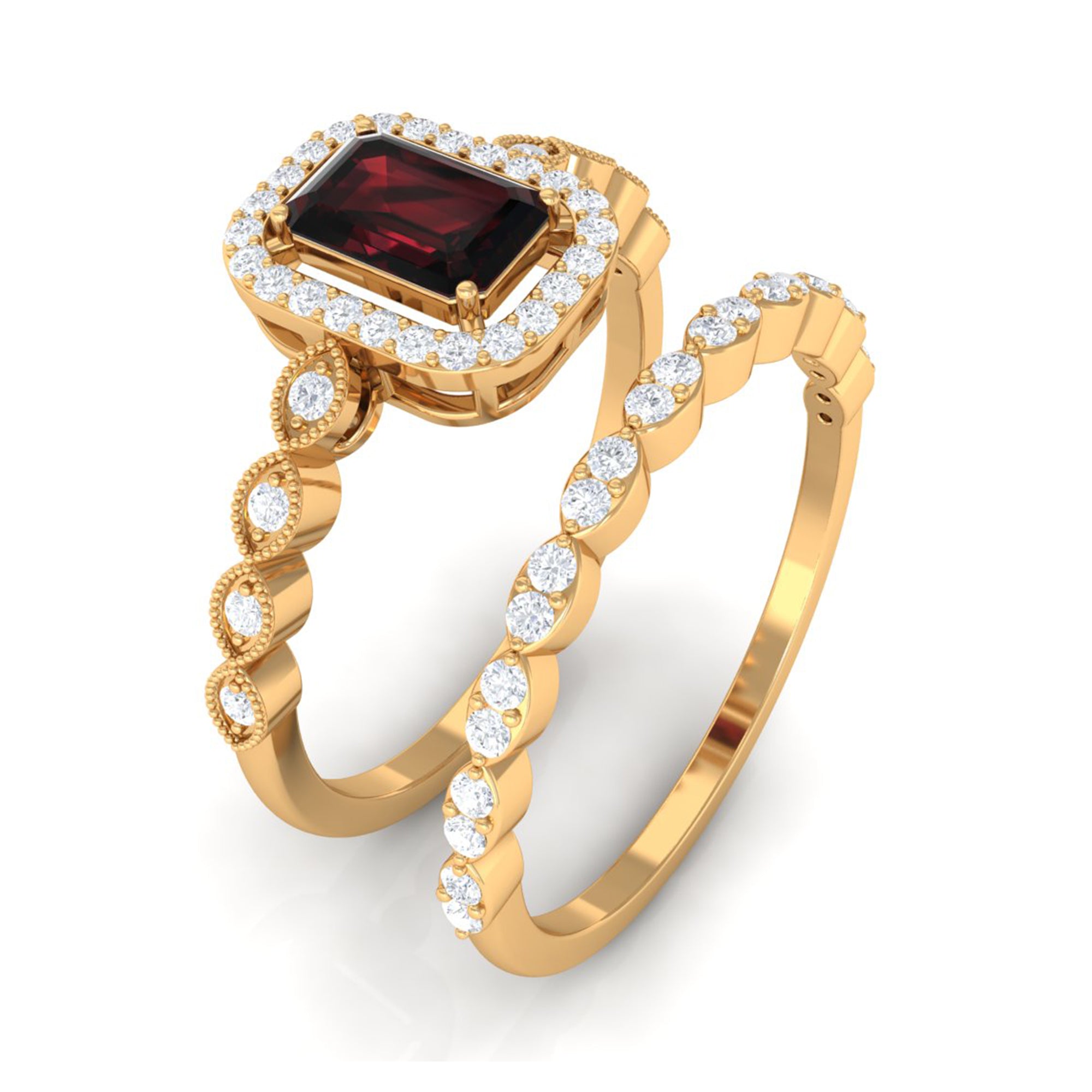 Rosec Jewels-Vintage Looking Garnet Diamond Emerald Cut Wedding Bridal Ring Set