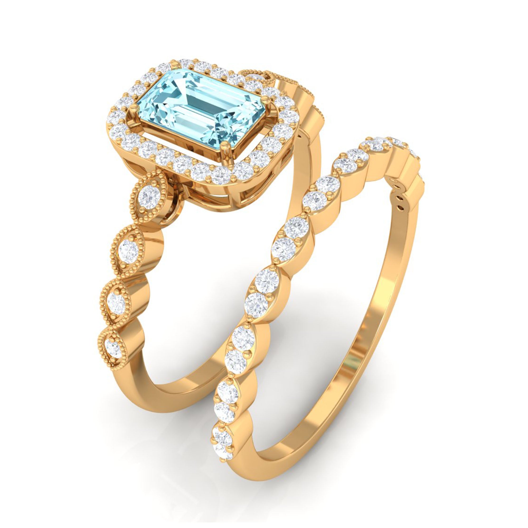 Certified 0.6 Carat Emerald Cut Aquamarine and Diamond Designer Ring Set AAA - Rosec Jewels