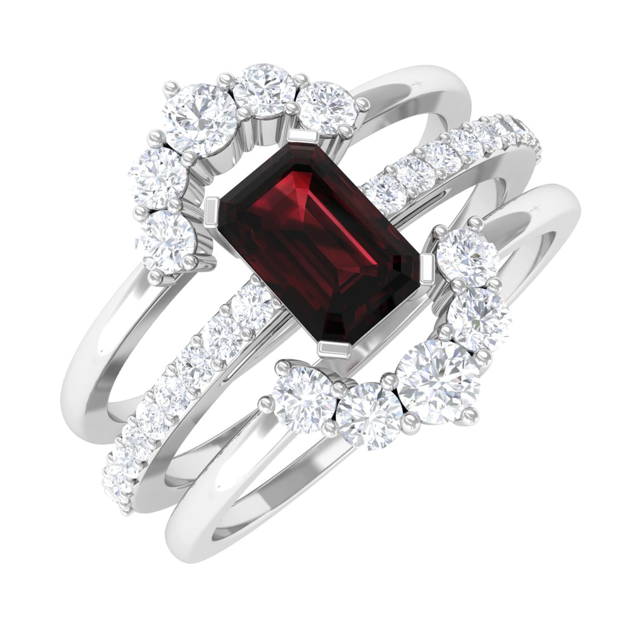 Rosec Jewels-Natural Emerald Cut Garnet Diamond Trio Wedding Ring Set