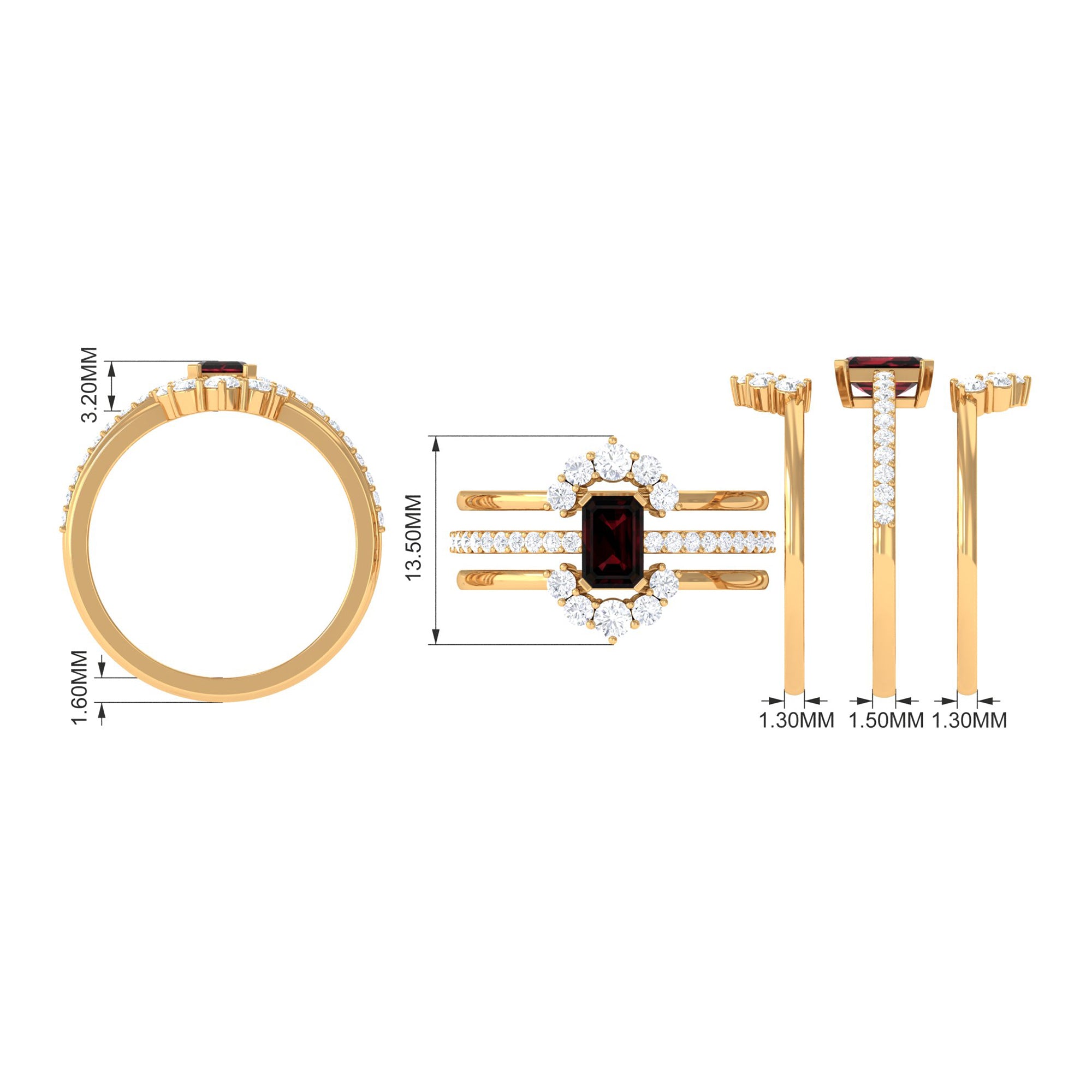 Rosec Jewels-Natural Emerald Cut Garnet Diamond Trio Wedding Ring Set
