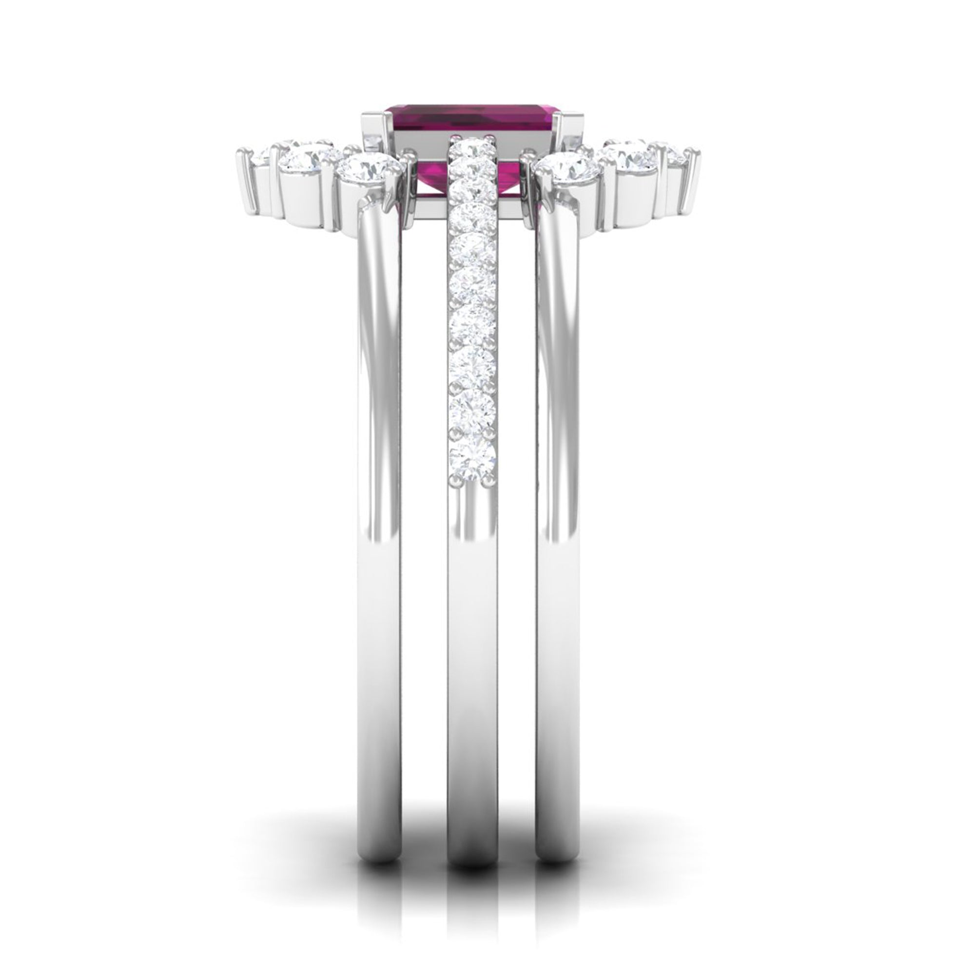 2.50 CT Real Rhodolite Solitaire Trio Ring Set with Moissanite Rhodolite - ( AAA ) - Quality - Rosec Jewels