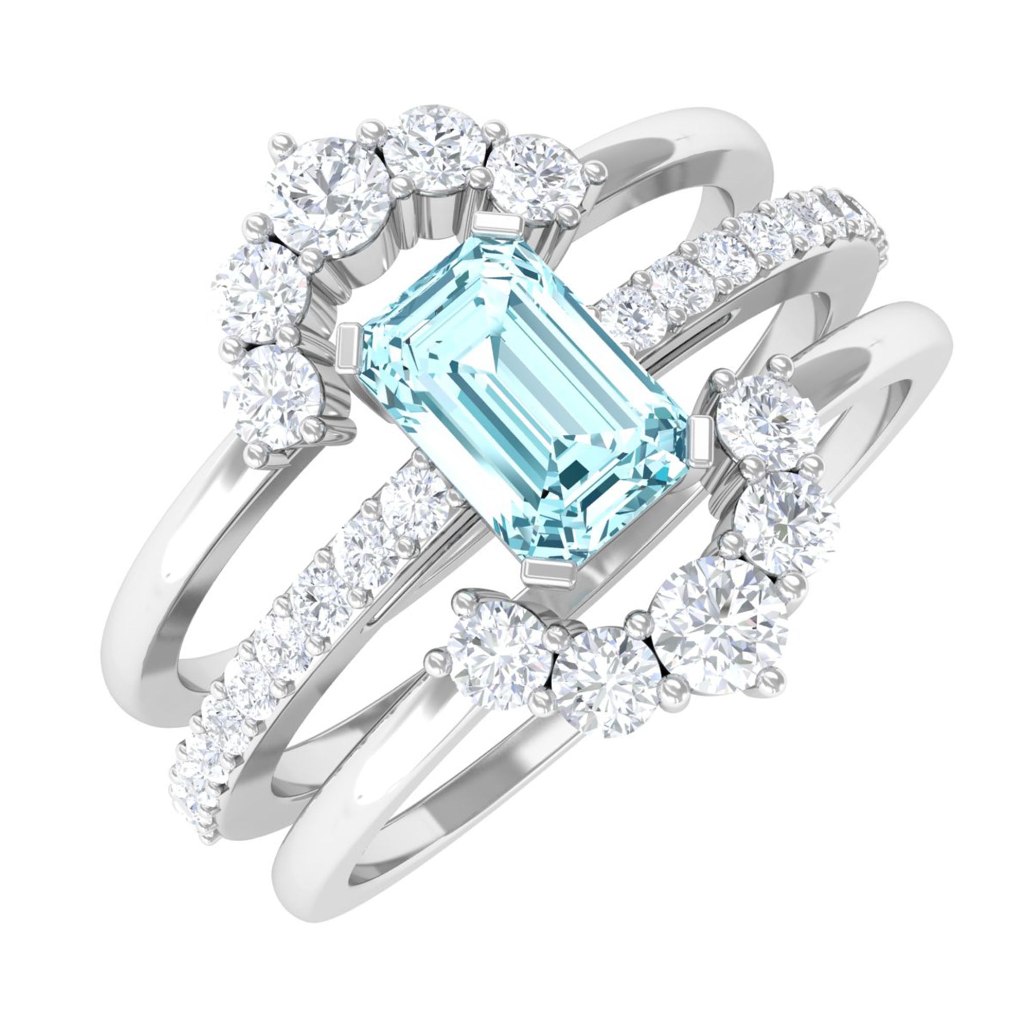 Certified Emerald Cut Real Aquamarine Trio Wedding Ring Set with Diamond AAA - Rosec Jewels