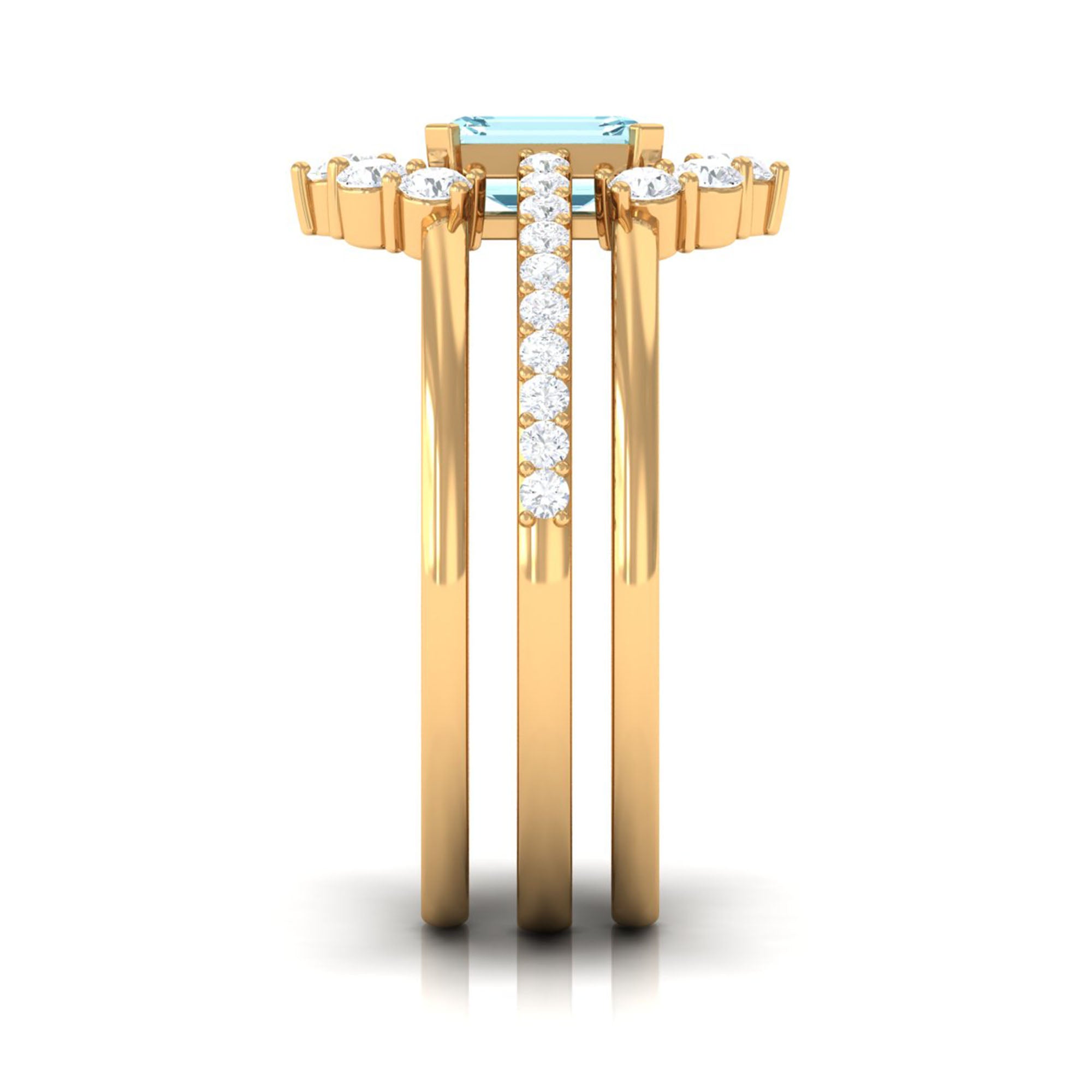 Certified Emerald Cut Real Aquamarine Trio Wedding Ring Set with Diamond AAA - Rosec Jewels