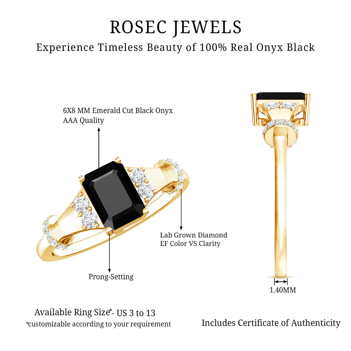 Emerald Cut Black Onyx Engagement Ring with Diamond AAA - Rosec Jewels