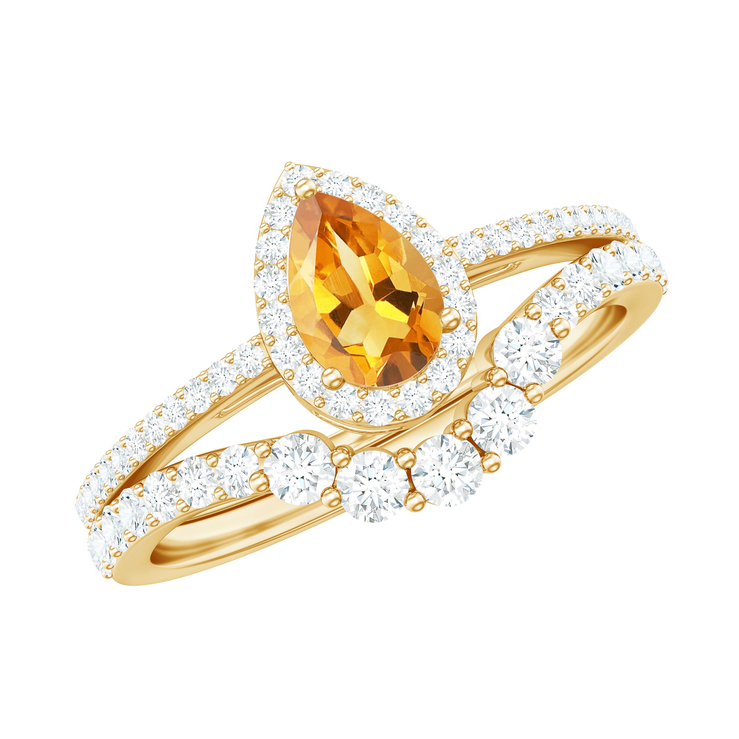 Rosec Jewels-Natural Citrine Teardrop Engagement Ring with Wedding Band