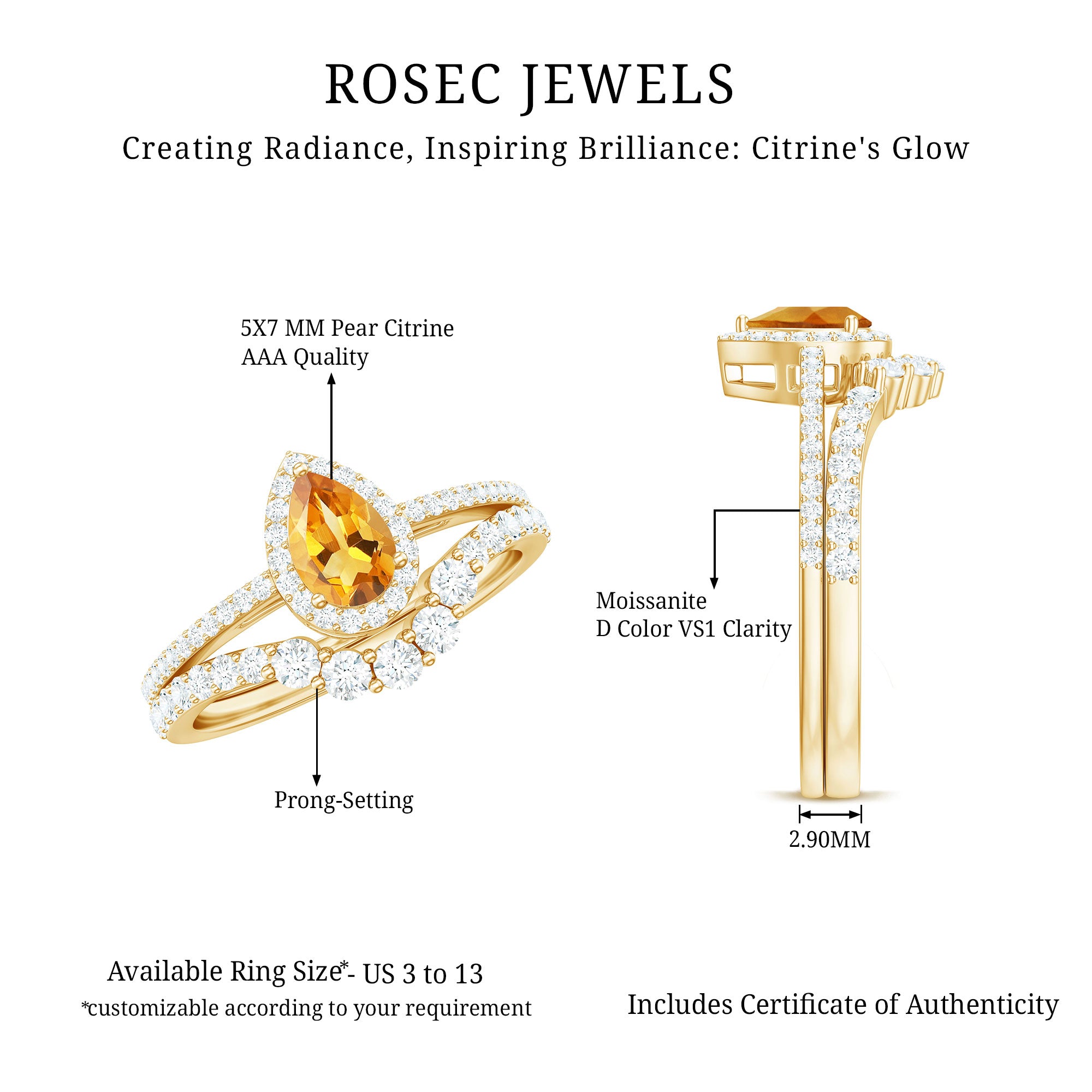 Rosec Jewels-Natural Citrine Teardrop Engagement Ring with Wedding Band