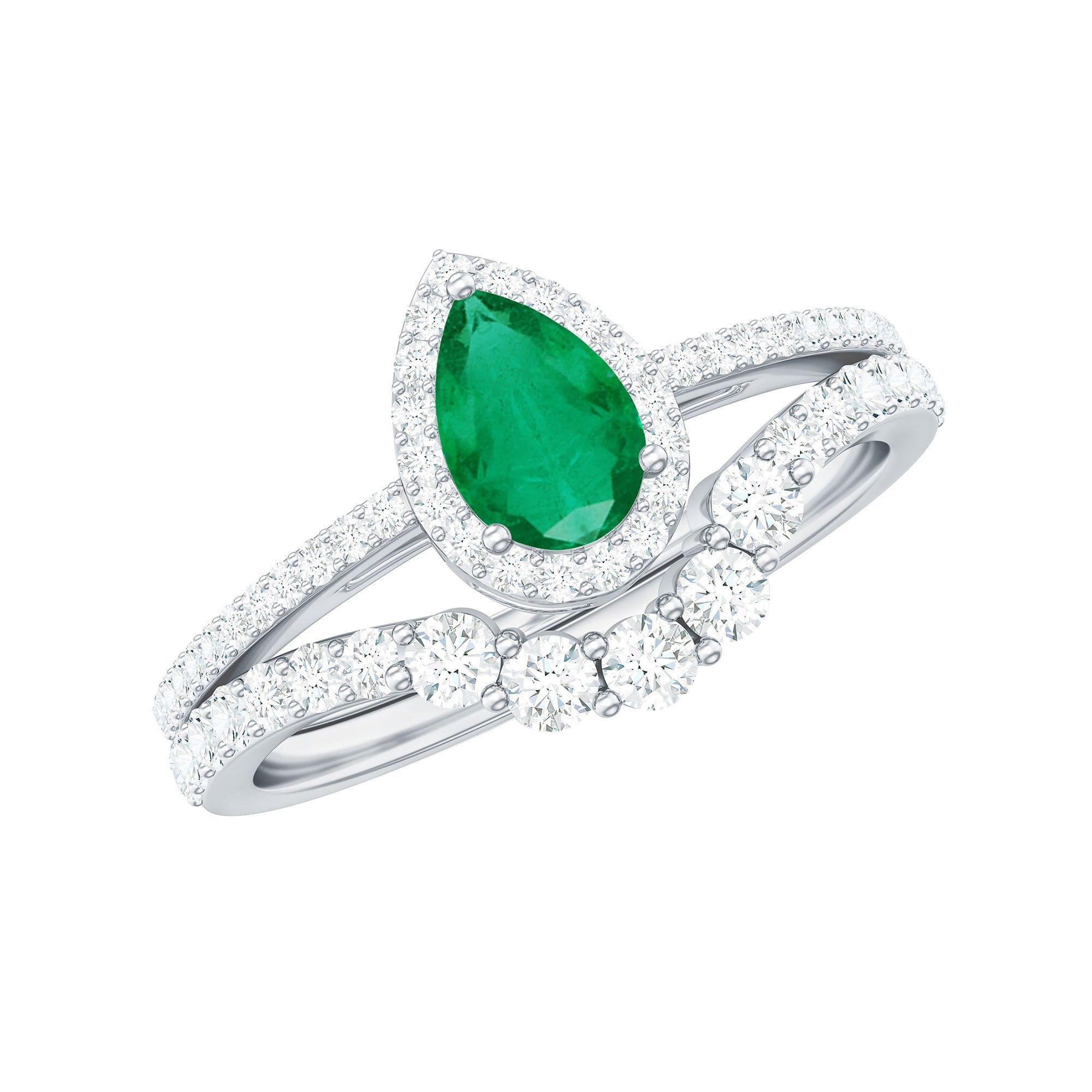Natural Emerald Diamond Pear Shaped Engagement Wedding Ring Set of 2