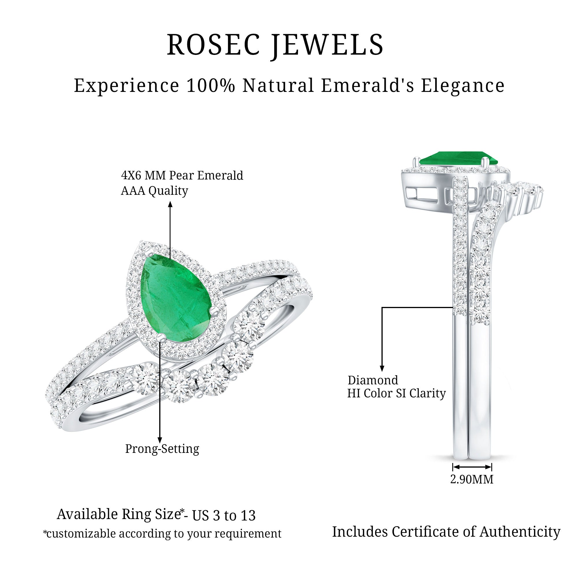 Rosec Jewels-Natural Emerald Diamond Pear Shaped Engagement Wedding Ring Set of 2