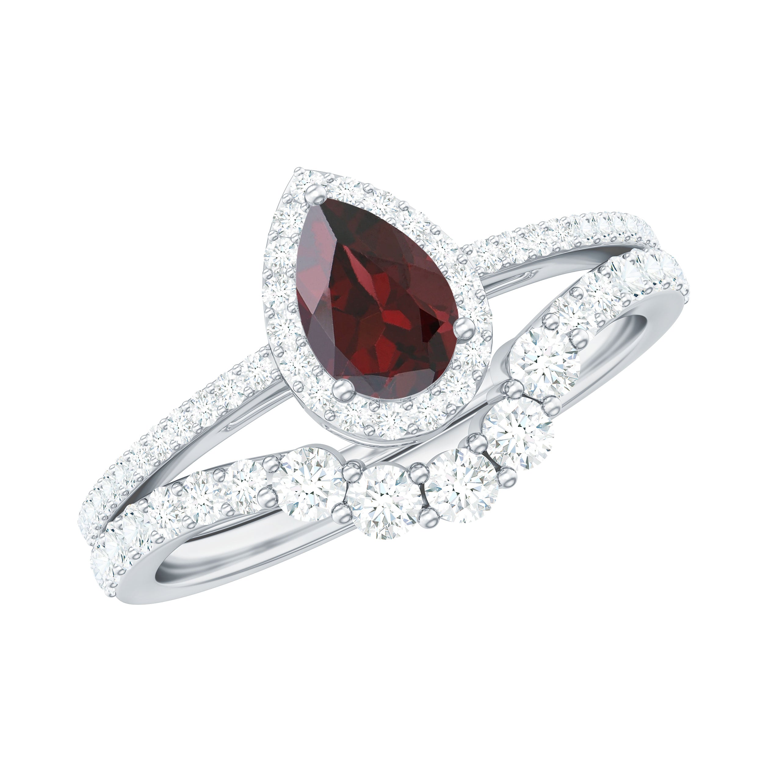 Rosec Jewels-Natural 5X7mm Pear Shape Garnet Diamond Wedding Engagement Ring Set