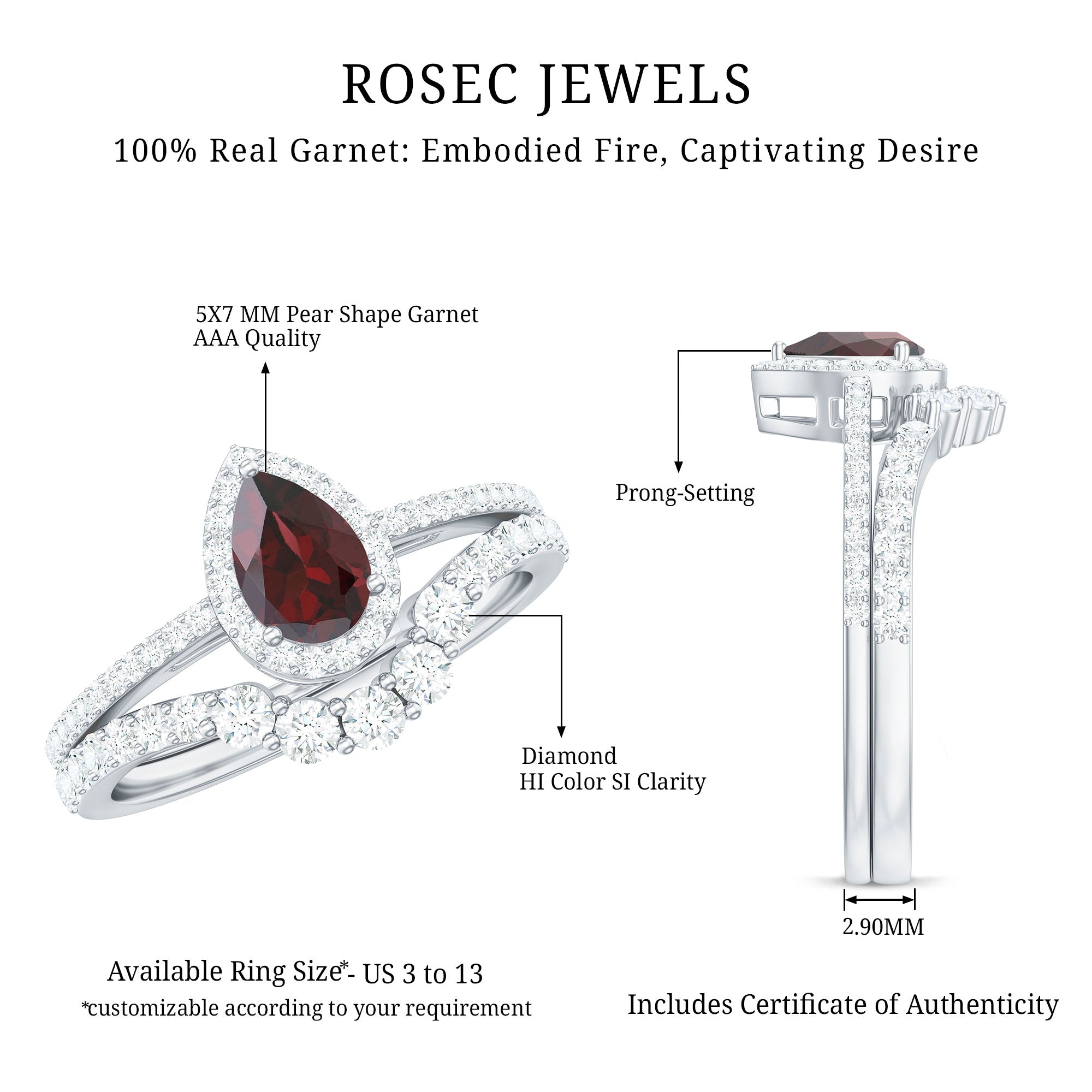 Rosec Jewels-Natural 5X7mm Pear Shape Garnet Diamond Wedding Engagement Ring Set