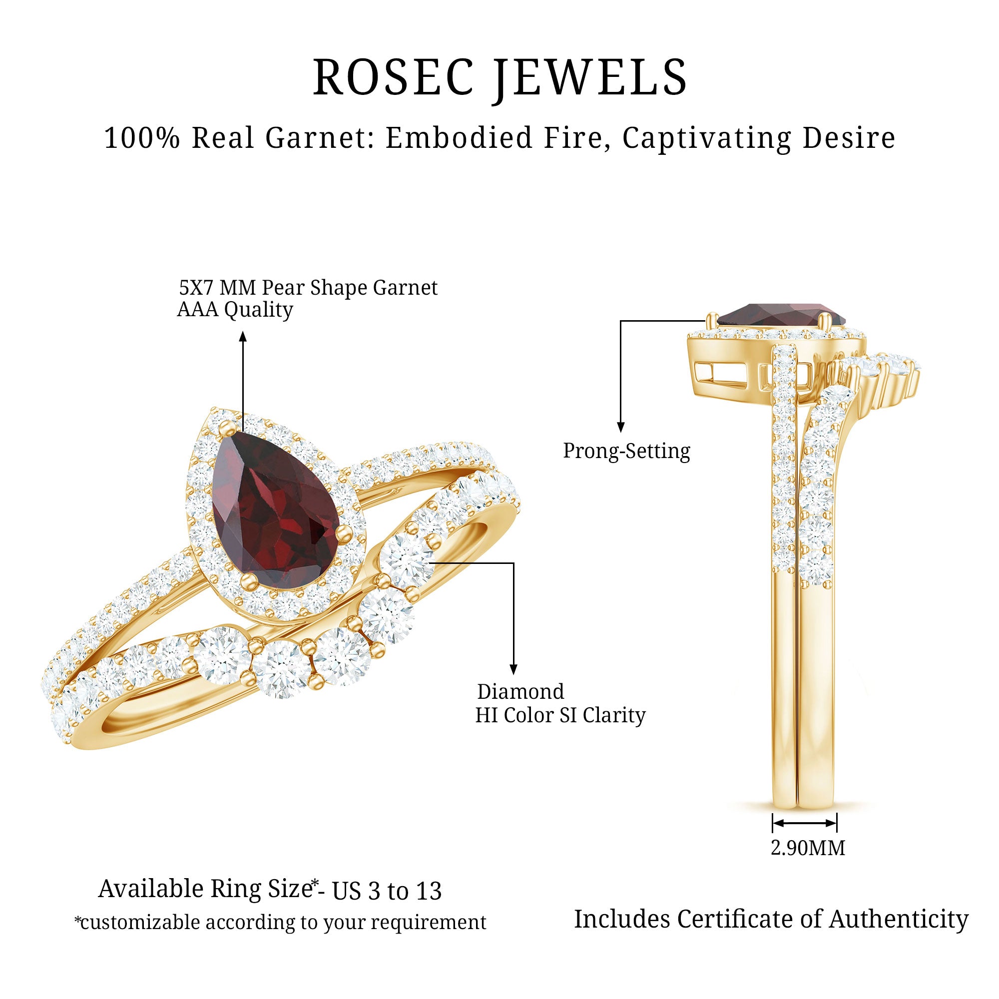 Rosec Jewels-Natural 5X7mm Pear Shape Garnet Diamond Wedding Engagement Ring Set