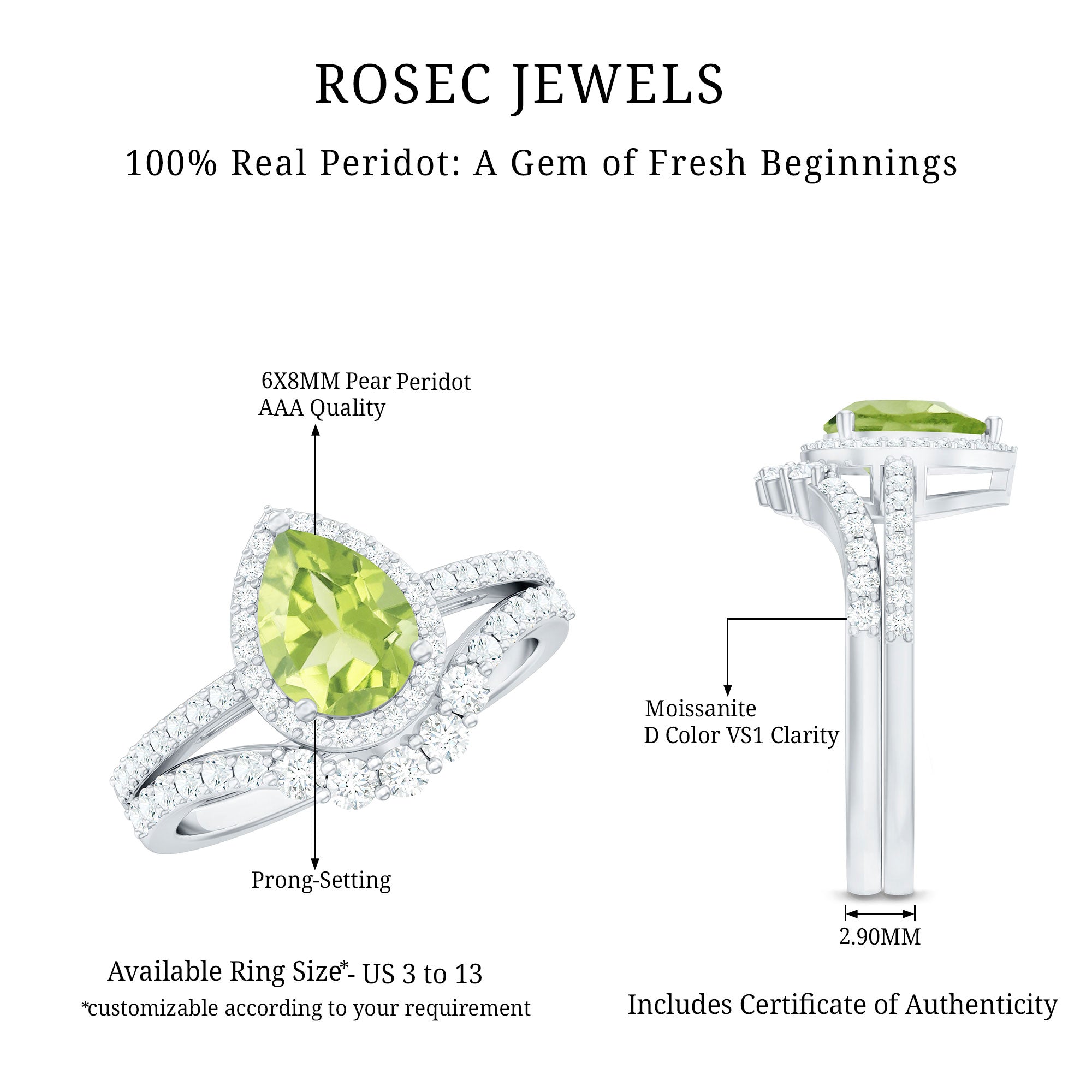 Real 1 Carat Peridot Pear Shaped Engagement Ring with Curved Enhancer AAA - Rosec Jewels