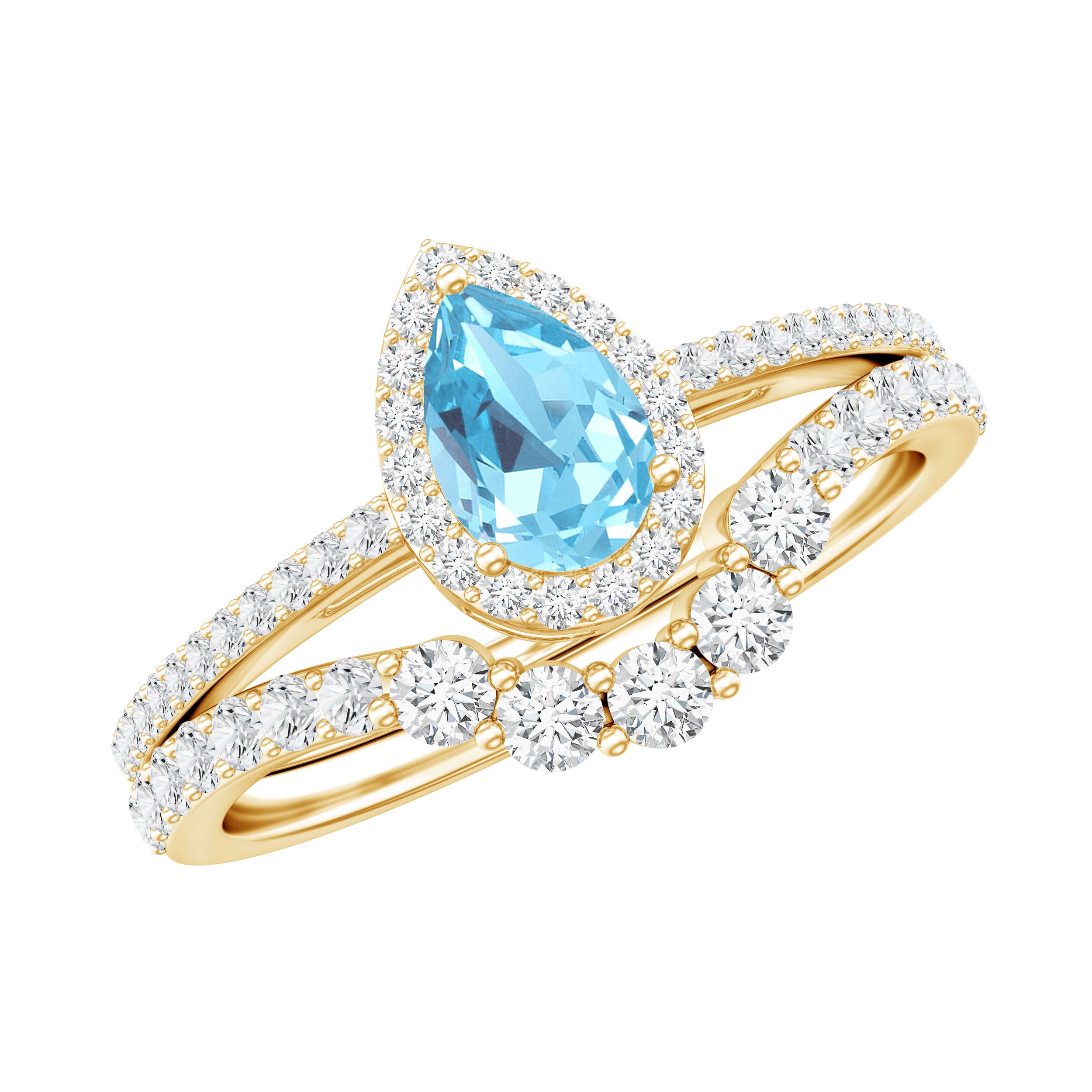 Rosec Jewels-Genuine Aquamarine Teardrop Bridal Ring Set with Diamond Halo