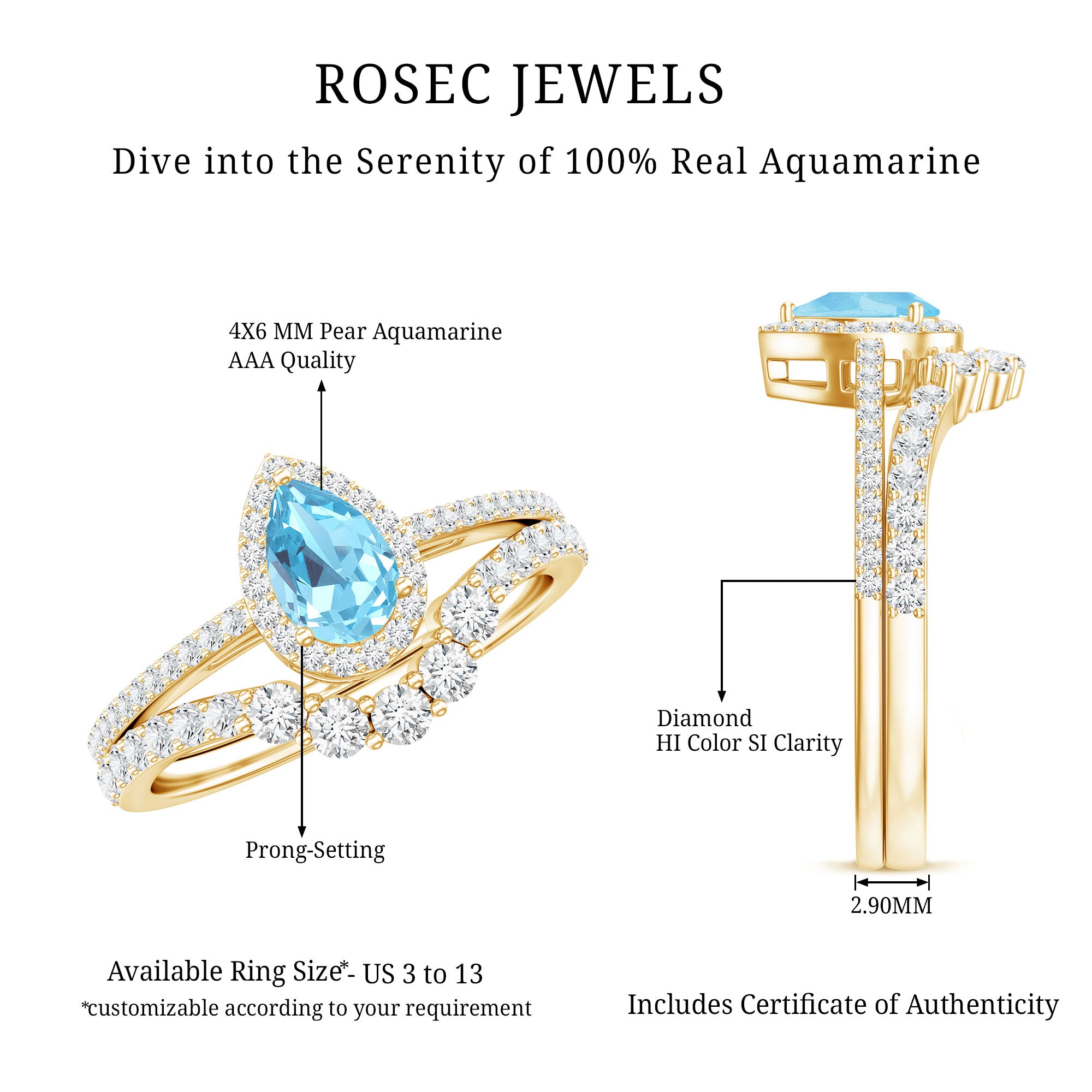 Rosec Jewels-Genuine Aquamarine Teardrop Bridal Ring Set with Diamond Halo