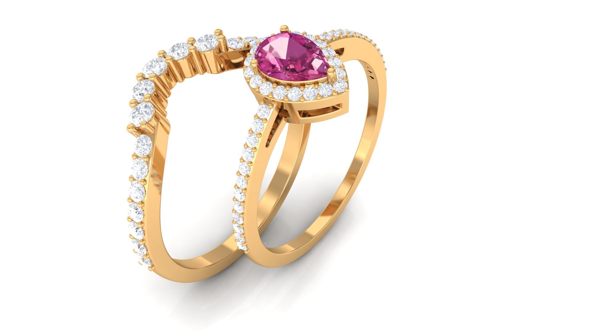 Rosec Jewels-Pink tourmaline Designer Teardrop Ring Set with Moissanite Halo