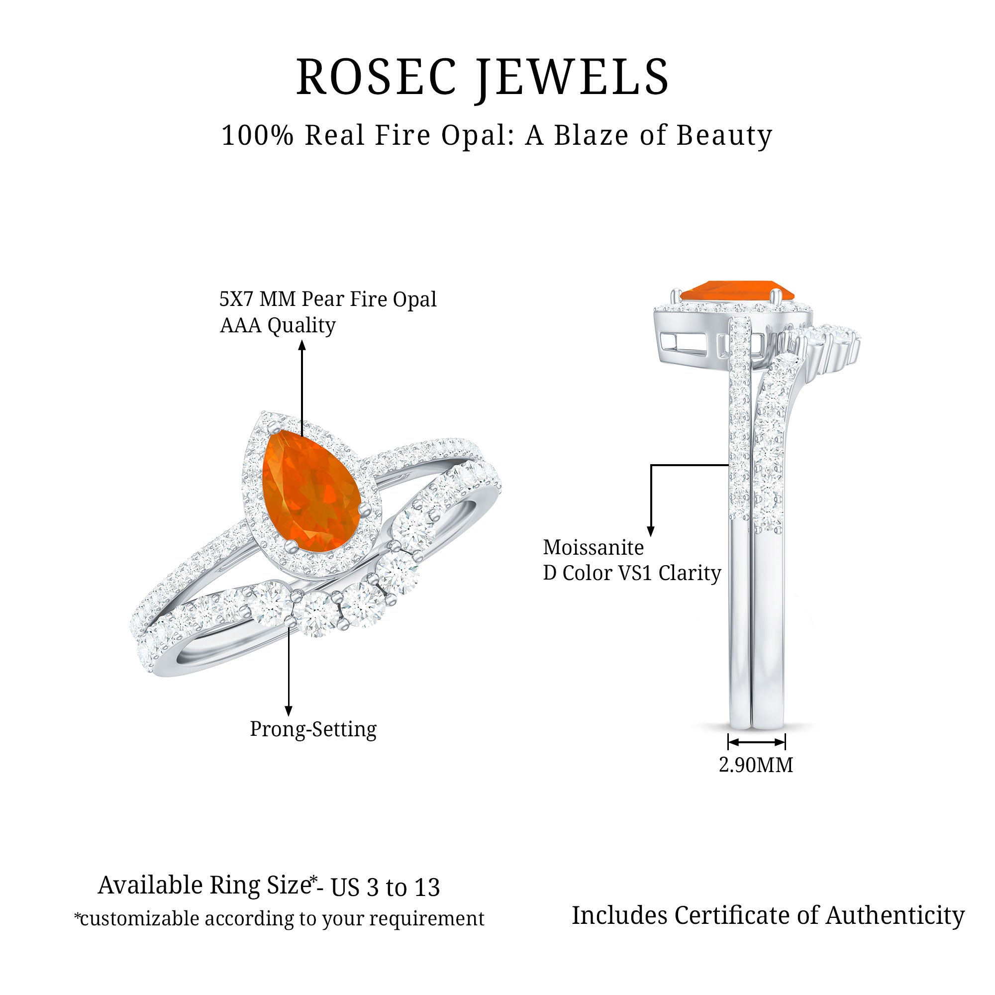 Rosec Jewels-Fire Opal Designer Teardrop Ring Set with Moissanite Halo