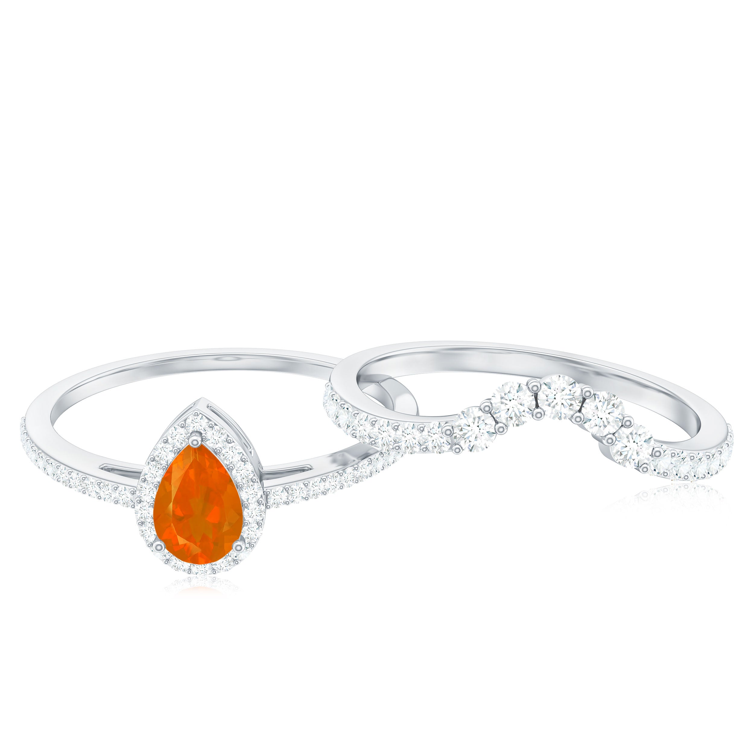 Rosec Jewels-Fire Opal Designer Teardrop Ring Set with Moissanite Halo