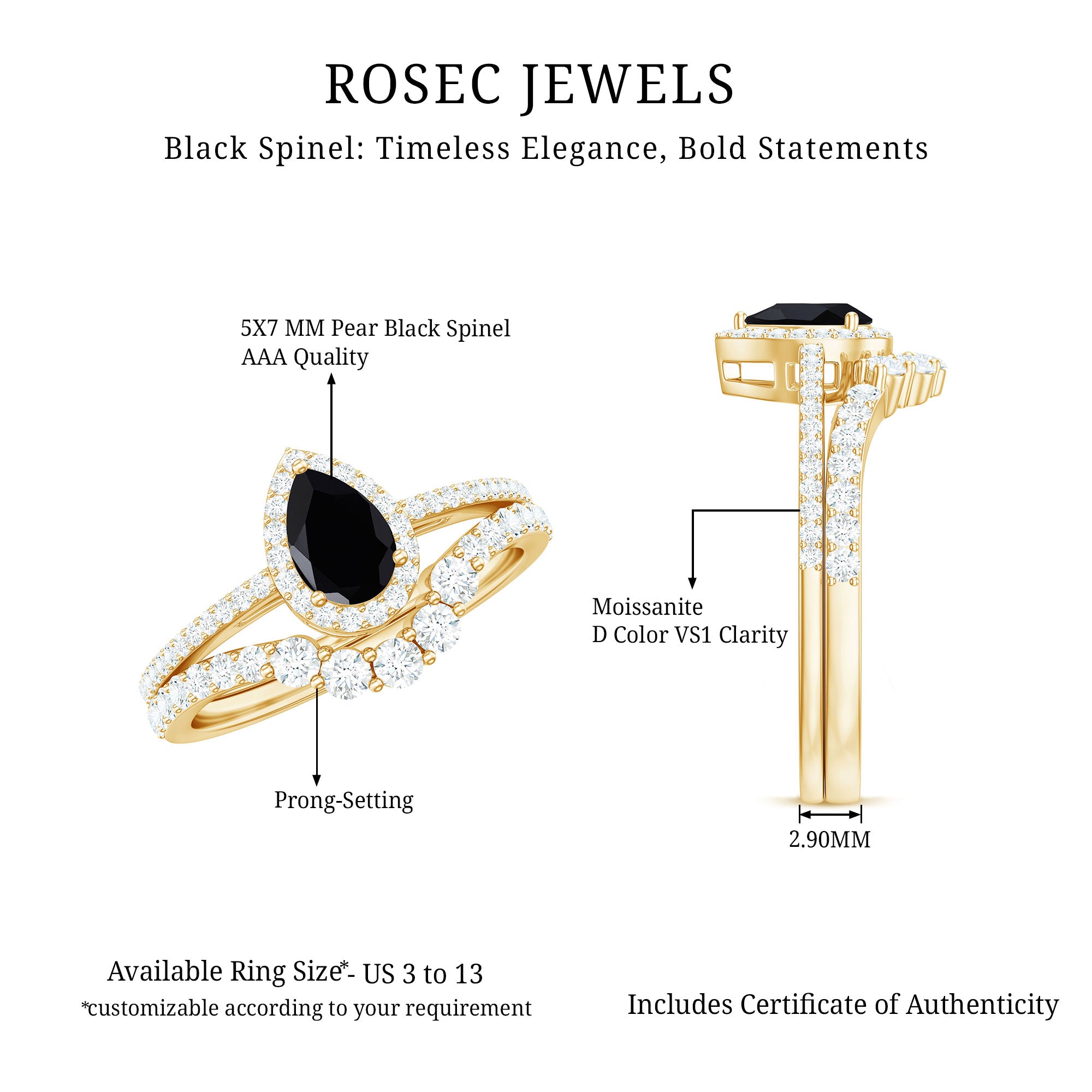 Rosec Jewels-Natural Black Spinel Pear Shaped Engagement Ring with Moissanite Enhancer