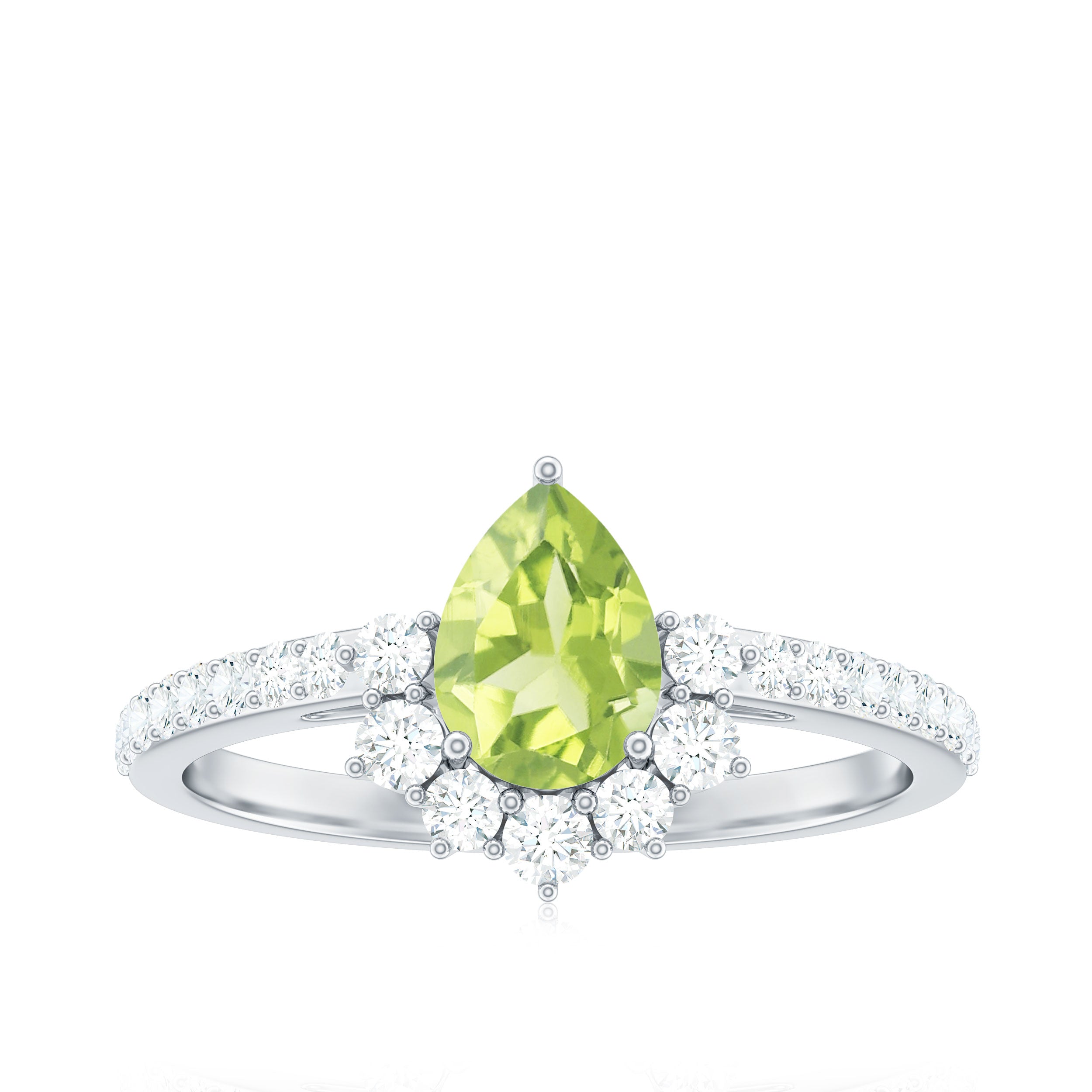 Natural 1 Carat Peridot Teardrop Engagement Ring with Diamond Half Halo AAA - Rosec Jewels