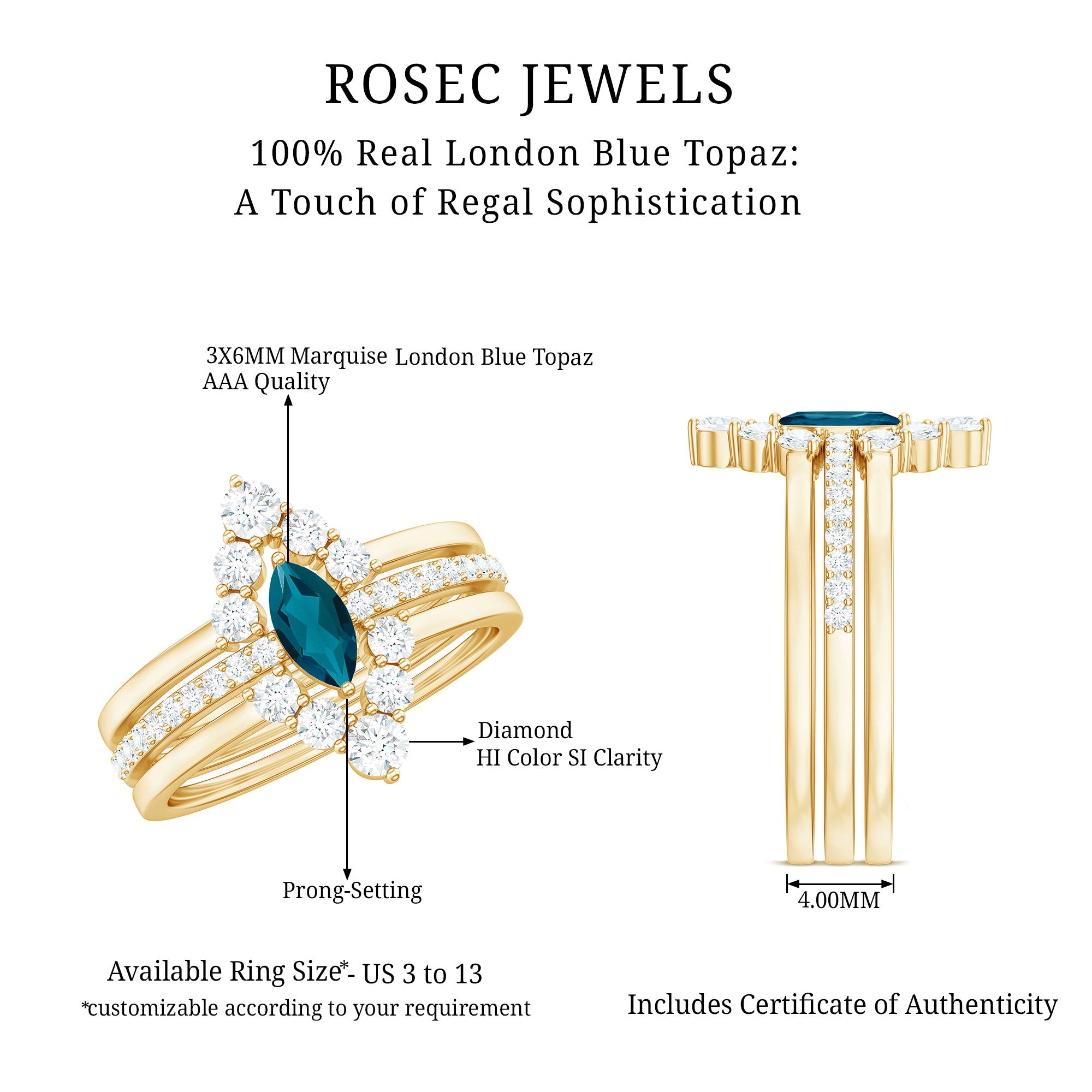 Marquise London Blue Topaz Bridal Ring Set with 2 Diamond Ring Guards AAA - Rosec Jewels