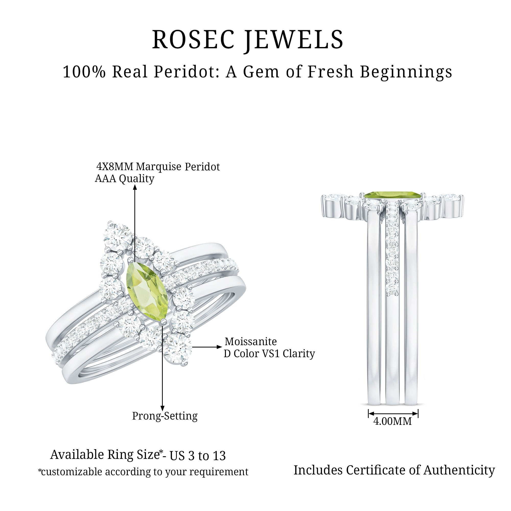 Marquise Cut Peridot Solitaire Trio Ring Set with Moissanite AAA - Rosec Jewels