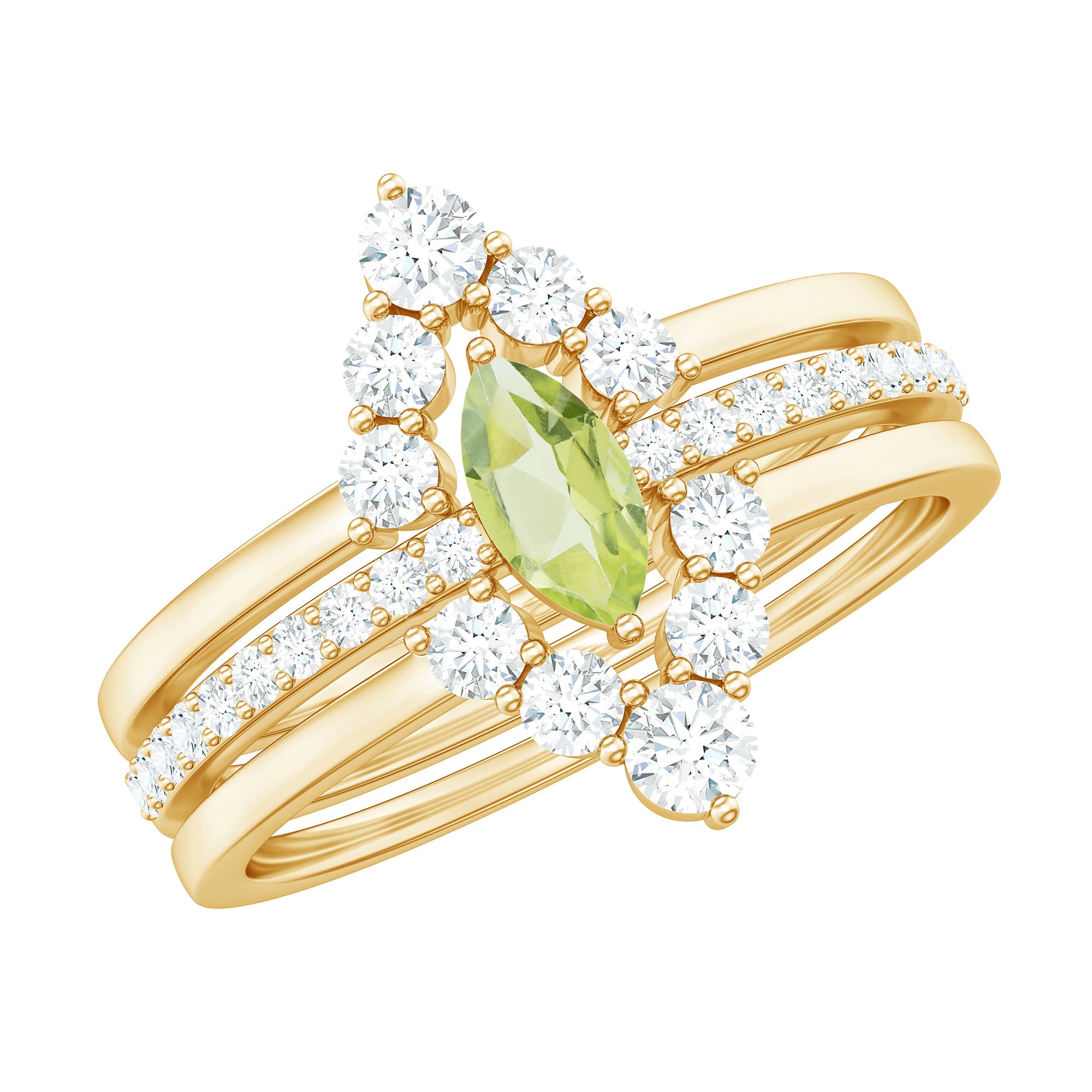 Marquise Cut Peridot Solitaire Trio Ring Set with Moissanite AAA - Rosec Jewels