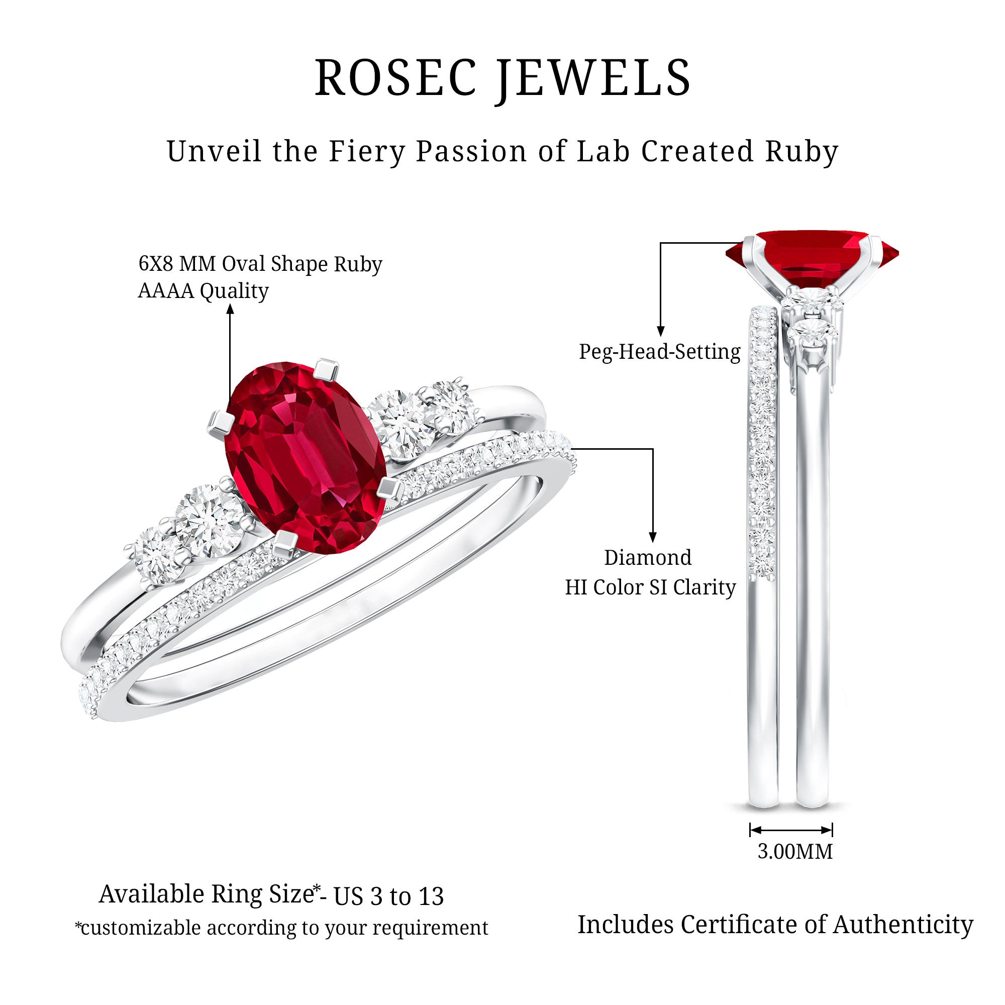 1.5 Carat Oval Lab Created Ruby Solitaire Bridal Ring Set with Diamond AAAA - Rosec Jewels