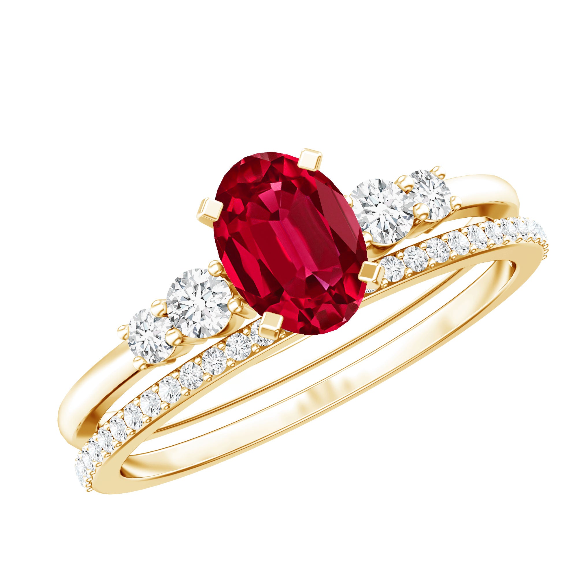 1.5 Carat Oval Lab Created Ruby Solitaire Bridal Ring Set with Diamond AAAA - Rosec Jewels