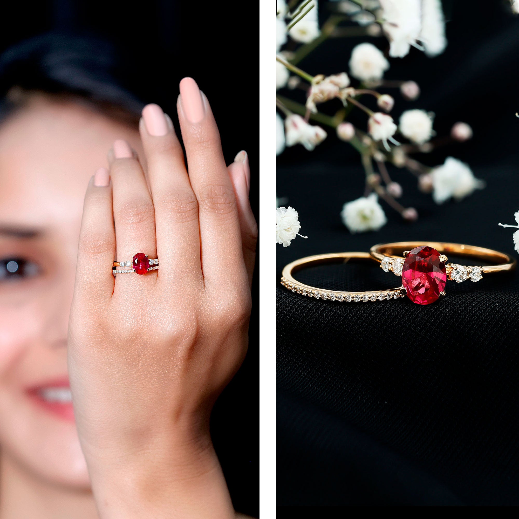 1.5 Carat Oval Lab Created Ruby Solitaire Bridal Ring Set with Diamond AAAA - Rosec Jewels